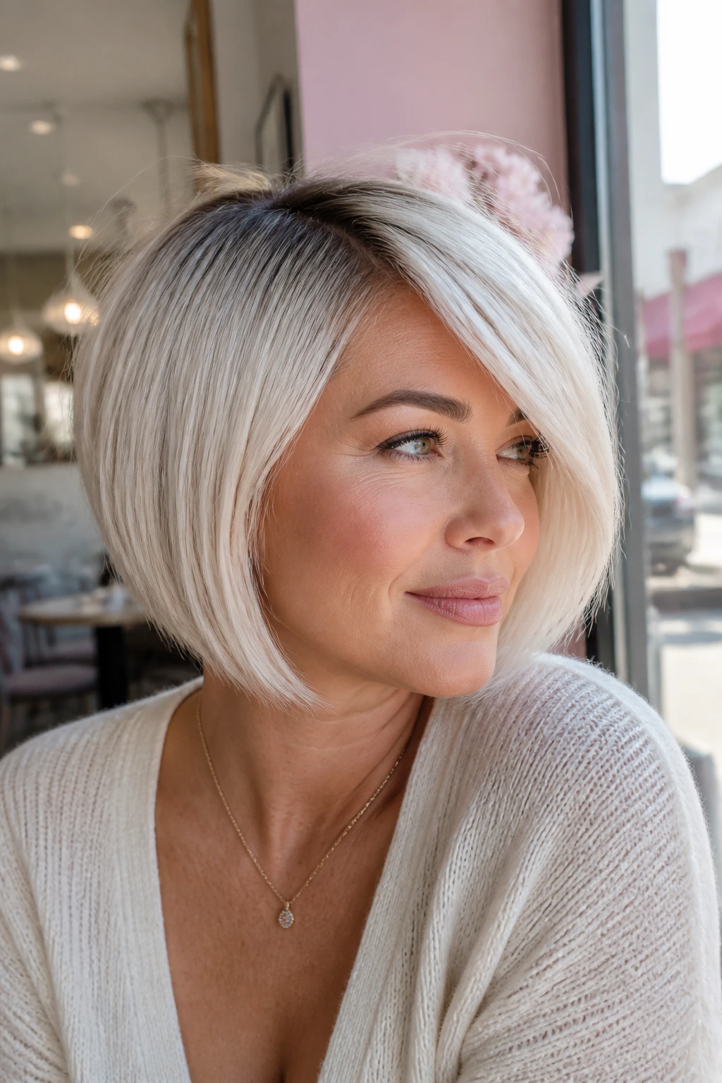Close-up of a real woman with root-shadow platinum bob and long side sweep.