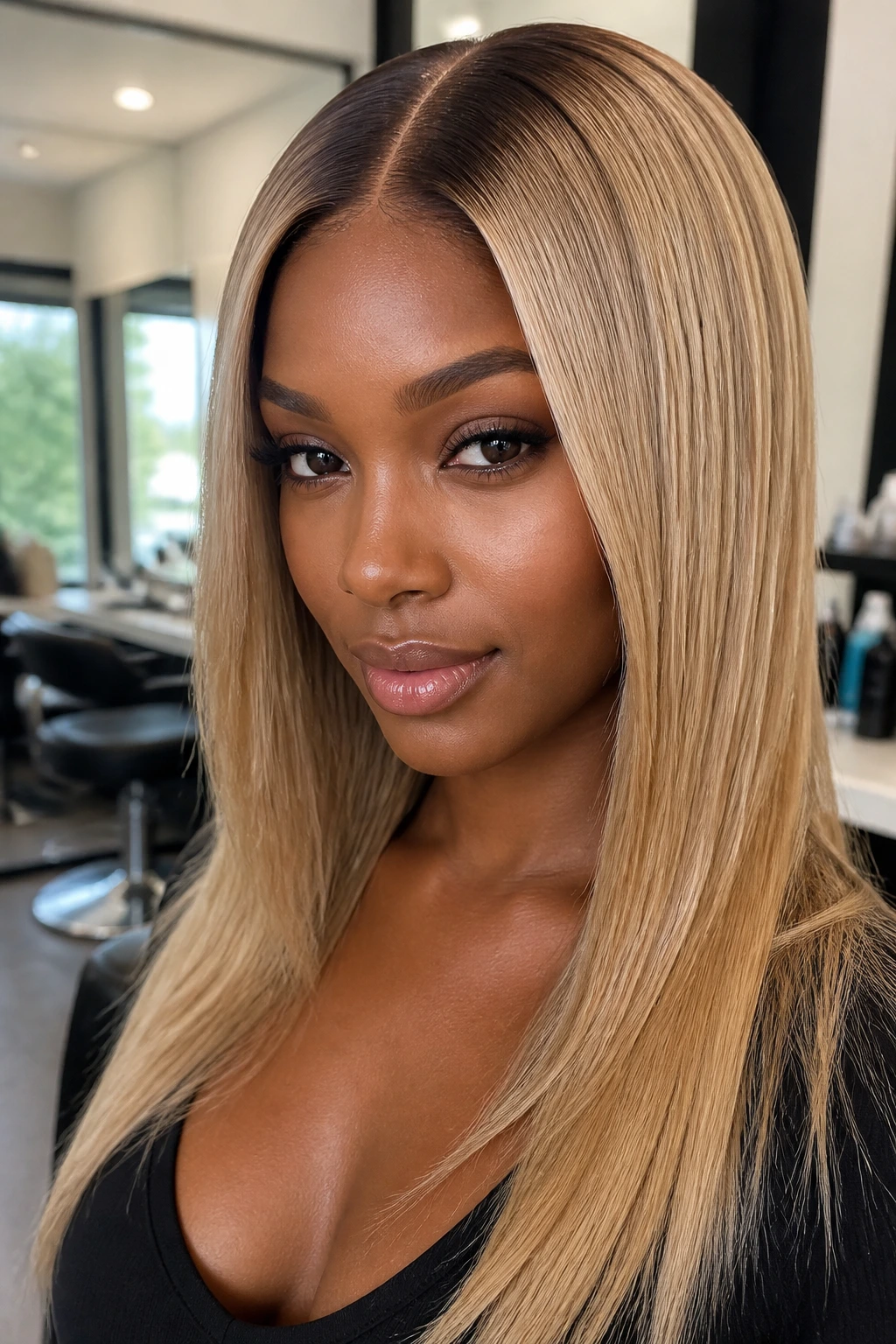 Close up of real woman with sleek middle part and dark root shadow