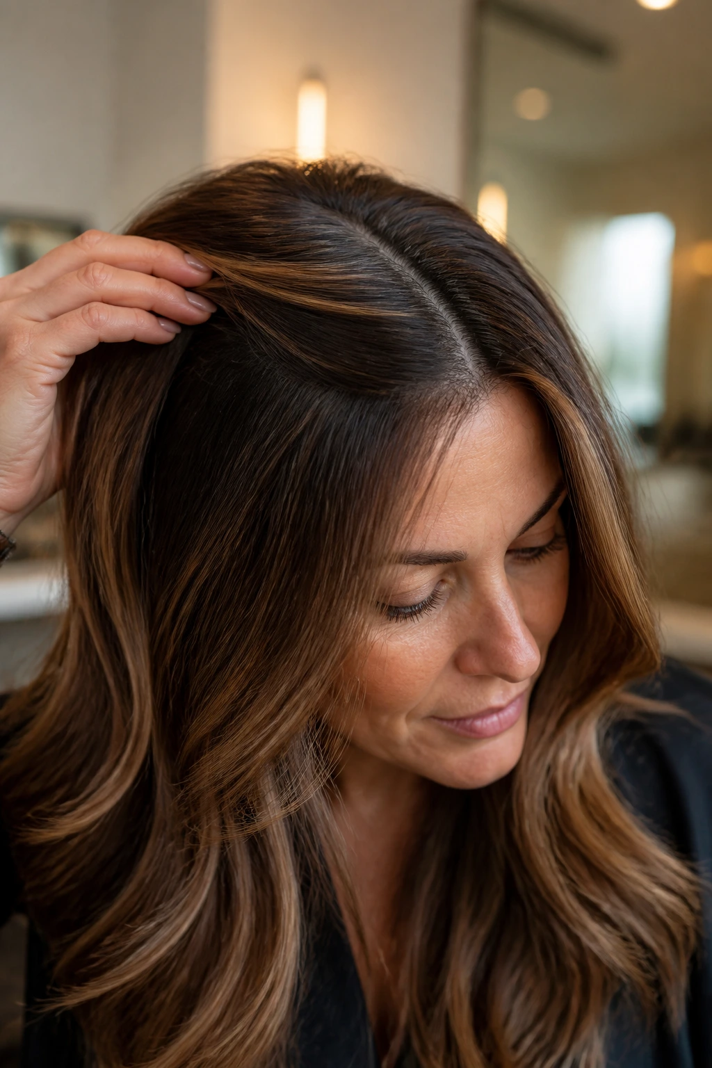 Close-up of hair roots with warm root shadow and glossy mid-lengths