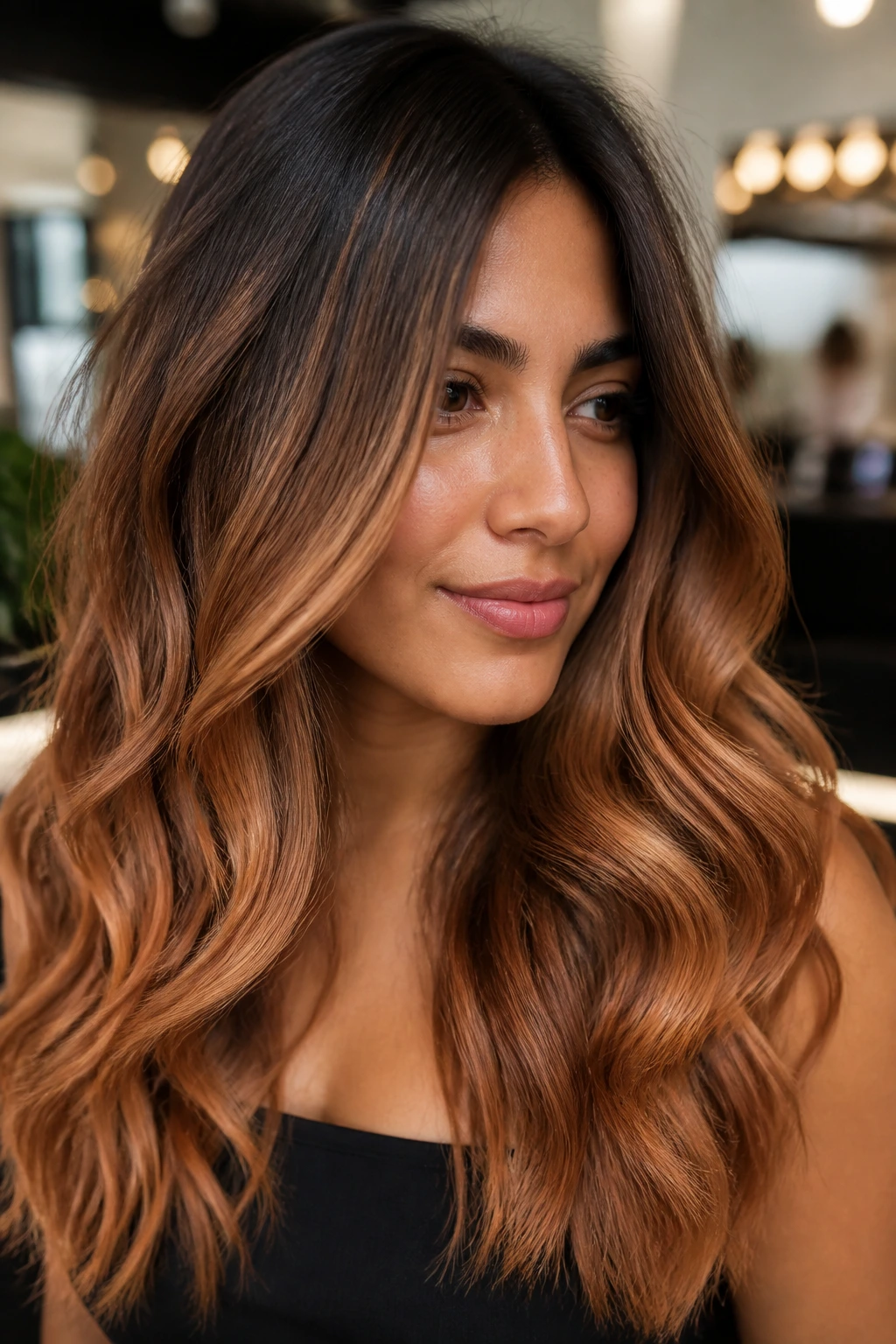 Close-up of olive-skinned woman with thick hair showing a warm root-smudge sunset balayage.