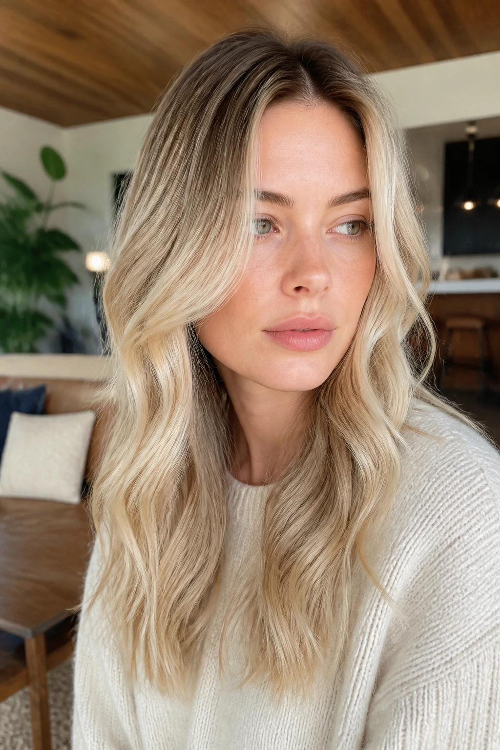 Close-up of a real woman's hair showing root smudge blonde with loose bends