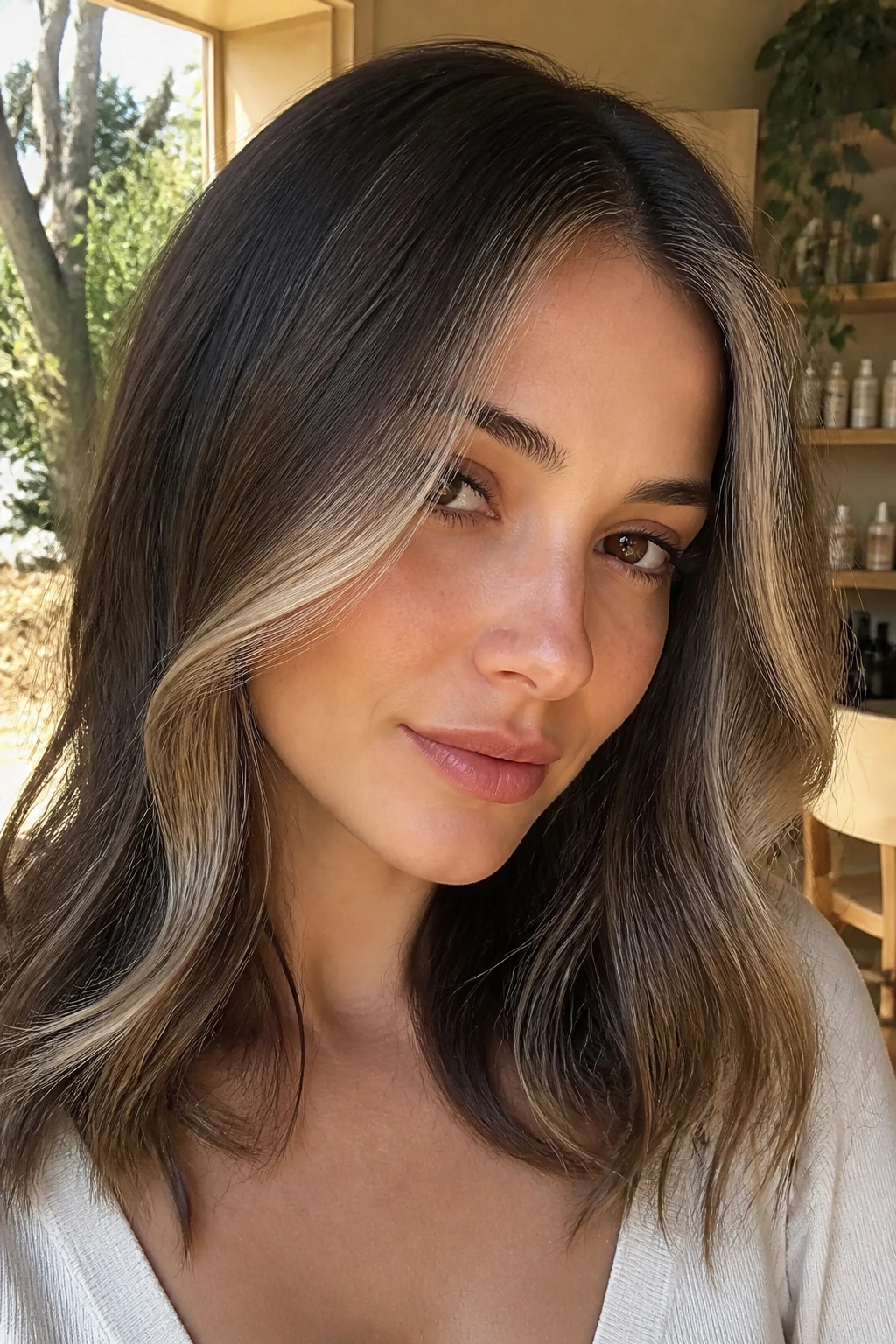 Close-up of a real woman showing root smudge and platinum face-framing pieces