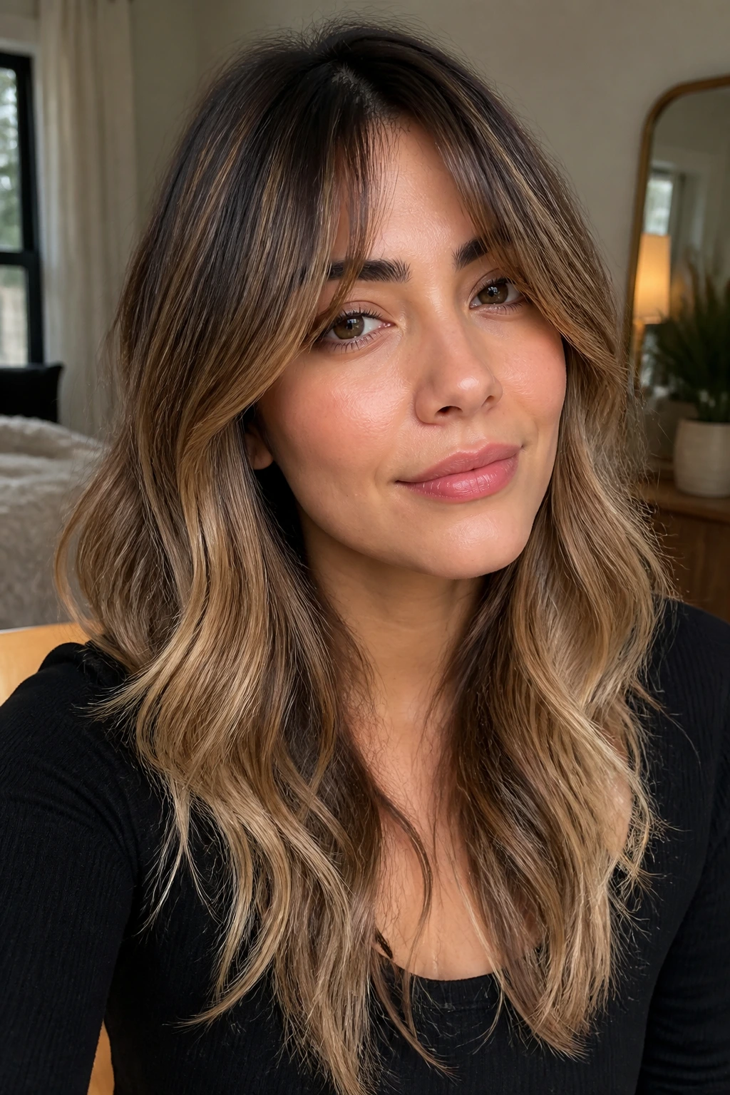 Close-up of a real woman with root smudge transitioning to honey ends and curtain bangs