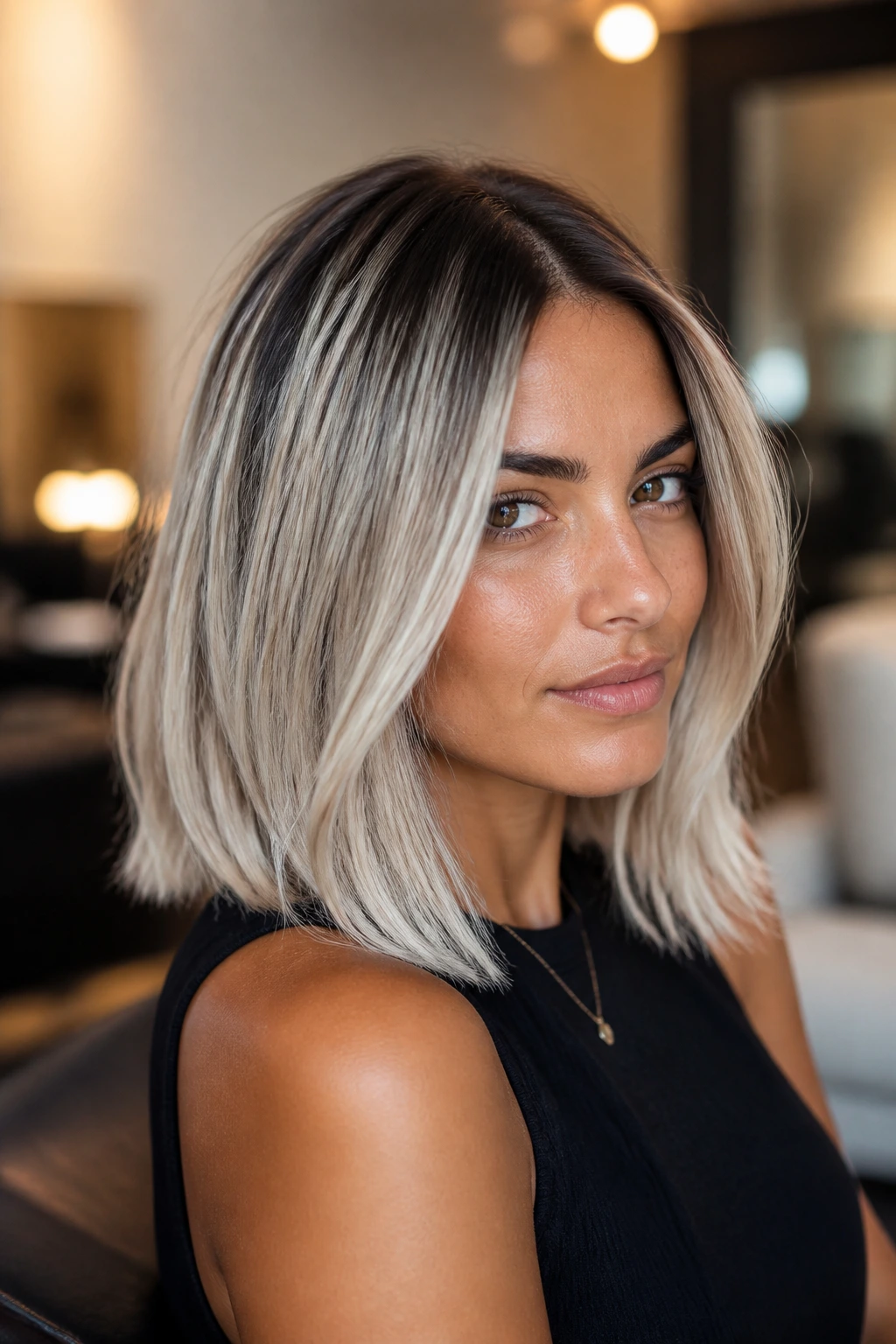 Portrait of a woman with a collarbone-length platinum lob and soft root melt