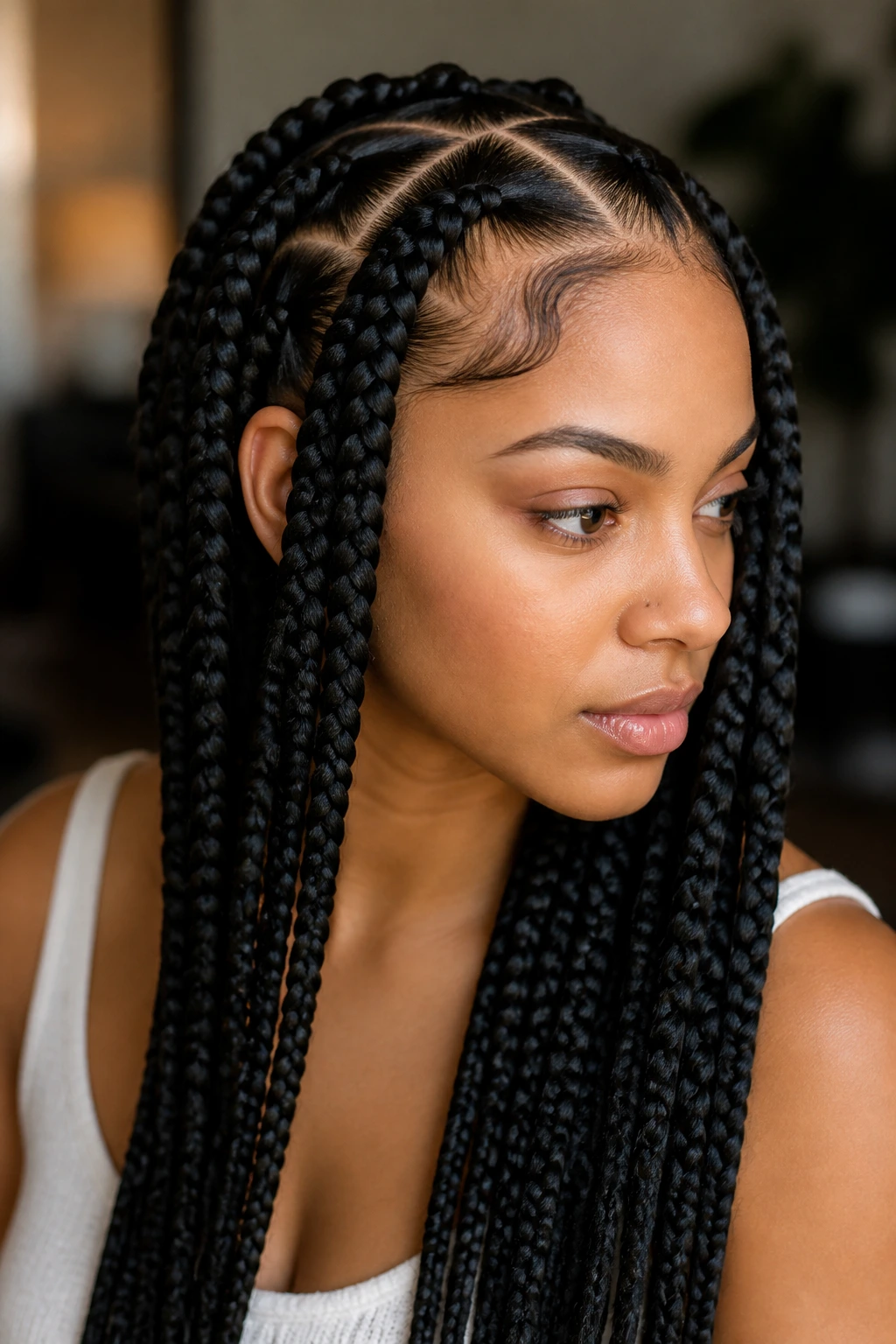 Close-up of a real person with balanced jumbo braids from roots to ends