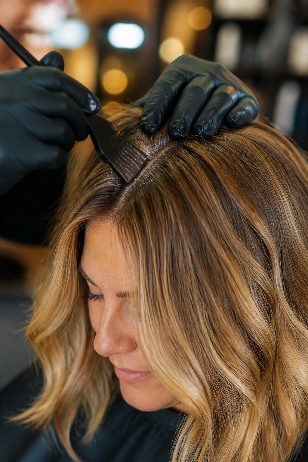 Close-up of a stylist applying root gloss to warm blonde hair in a salon chair