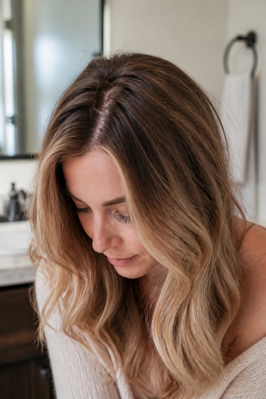 Close-up of hair with darker roots blending into lighter mid-lengths