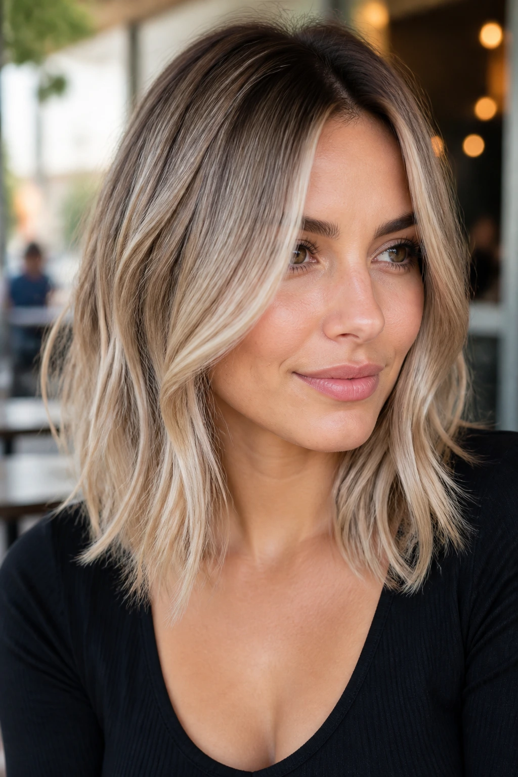 Real woman with rooted ash balayage lob outdoors near cafe