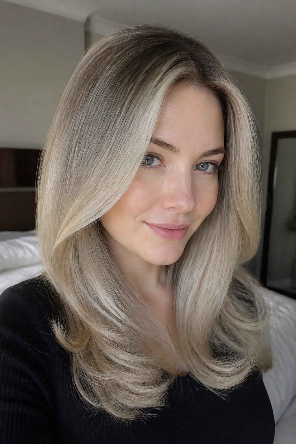 Portrait of a woman with rooted ash blonde blowout and soft root melt
