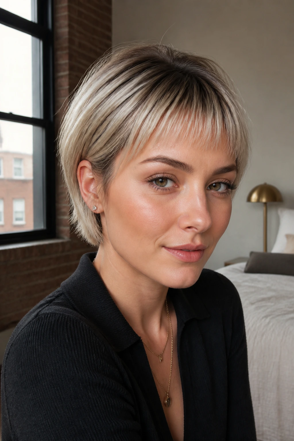 Close-up of rooted ash blonde with baby bangs on real person