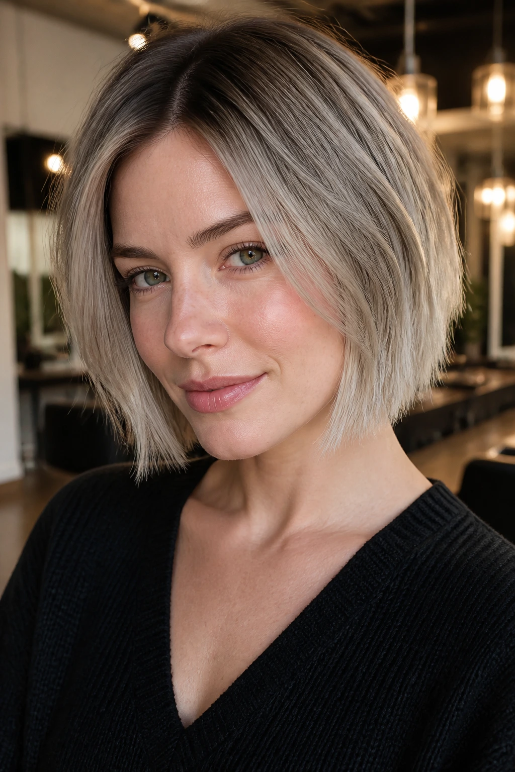 Close-up of a real woman with rooted ash blonde bob hairstyle