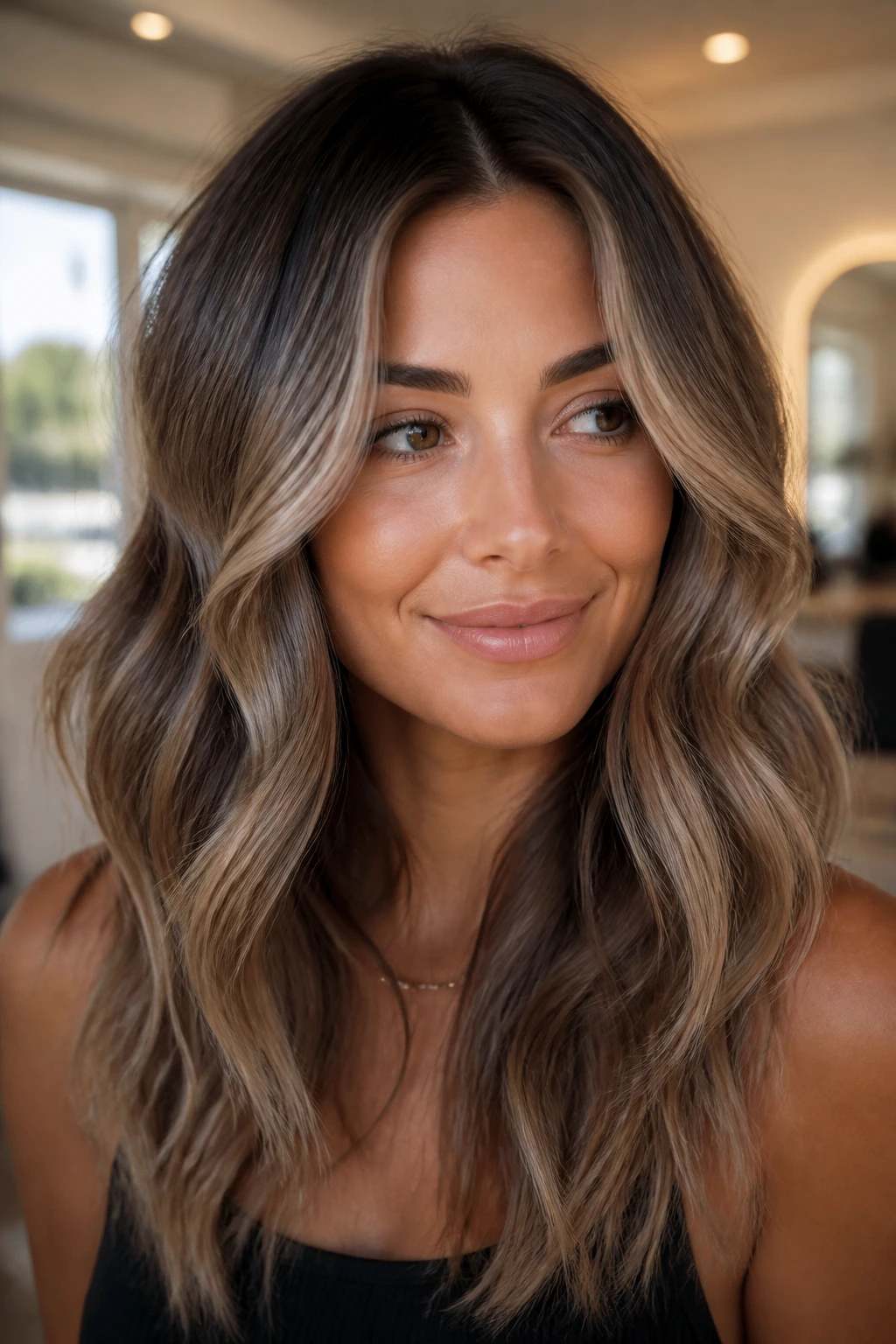 Close-up portrait of a real woman with rooted ash bronde hair, brunette base and beige-ash lighter pieces framing the face.