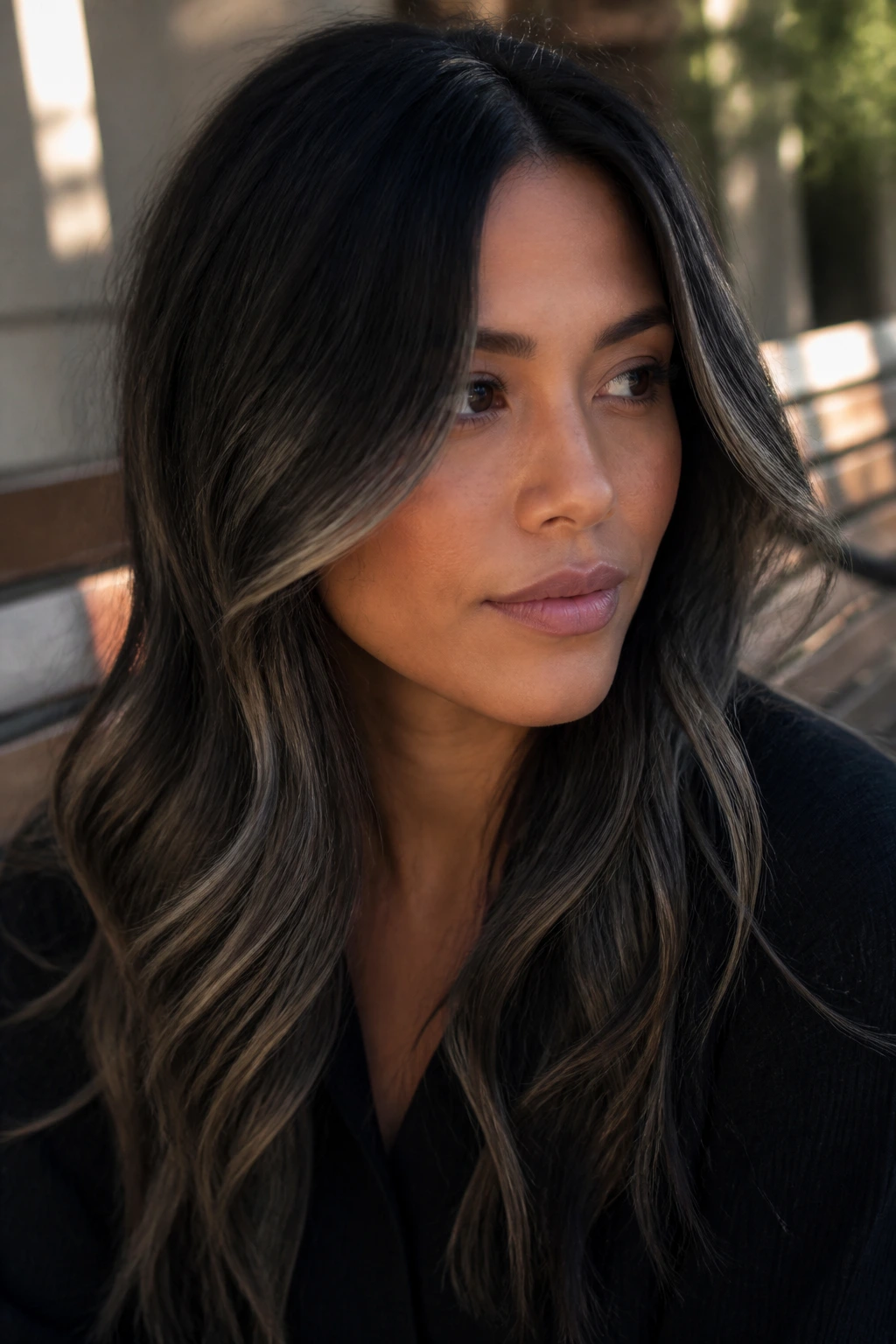 Close-up of a real person's hair with rooted ash melt into dark espresso ends.