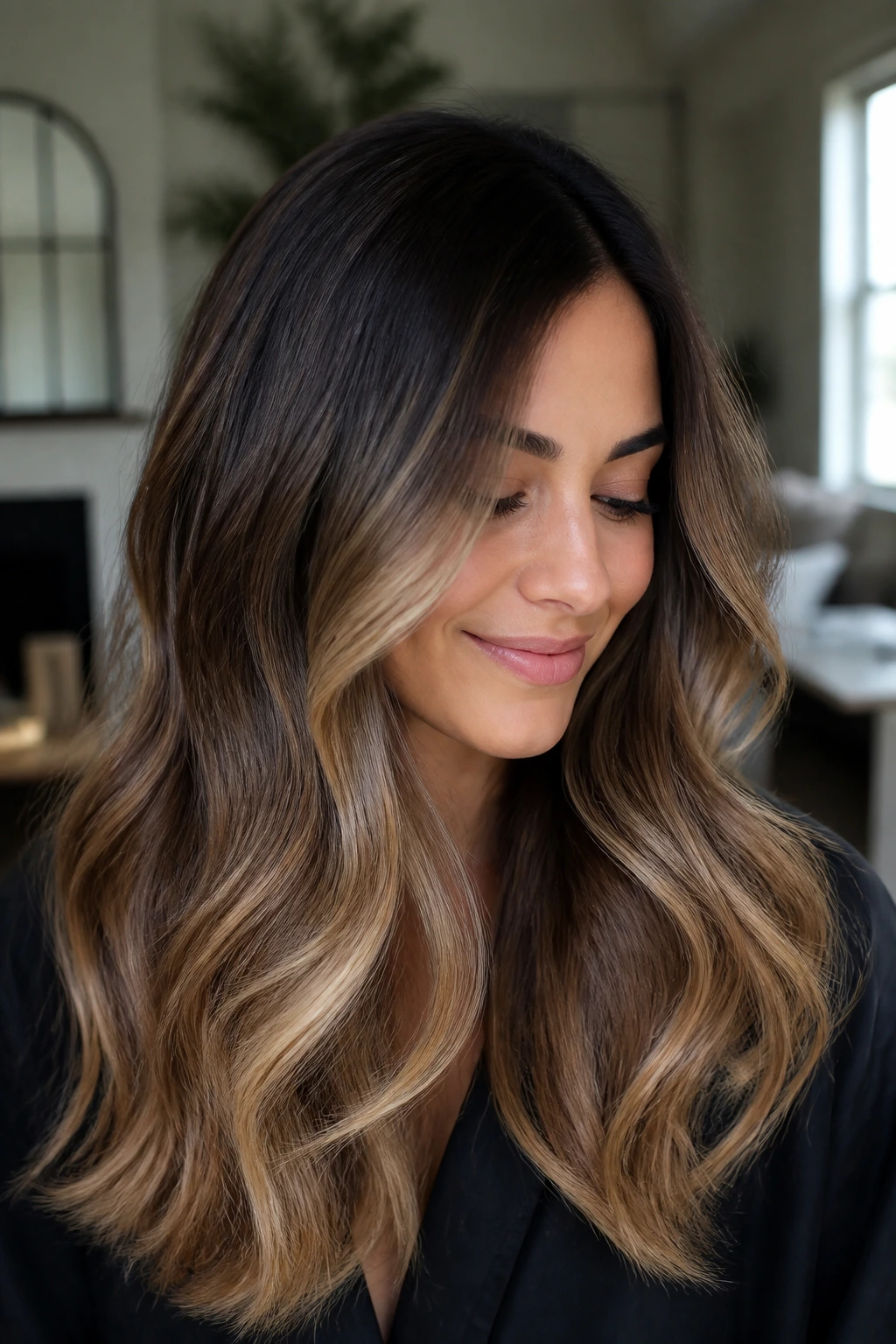 Close-up of brunette with rooted caramel balayage melt showing seamless gradient from dark roots to caramel ends.