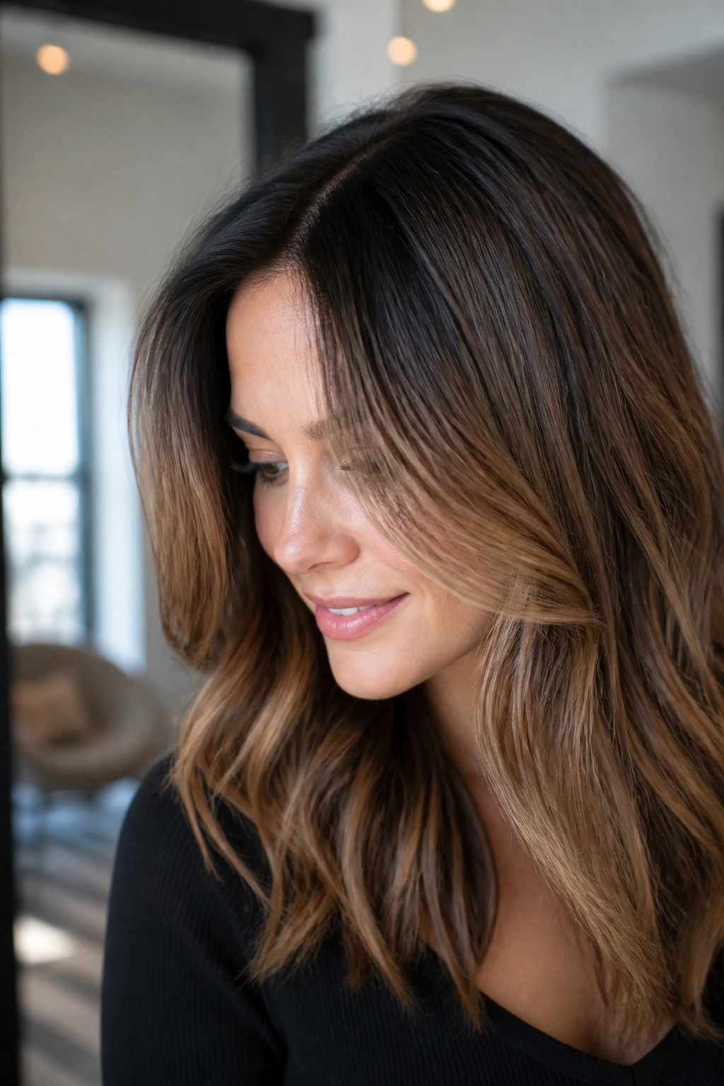 Portrait showing rooted caramel balayage with dense roots and lighter midlengths