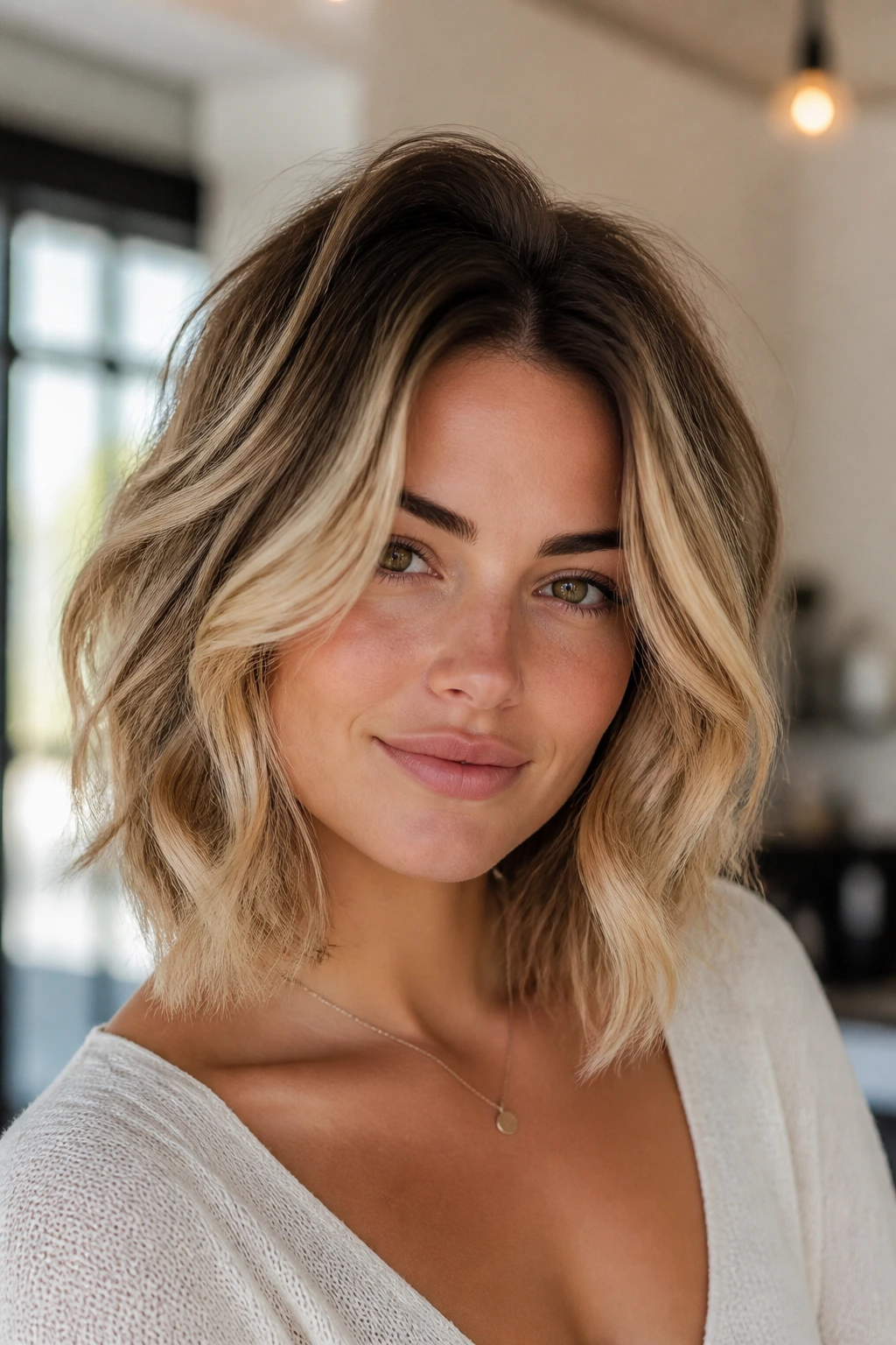 Real woman with rooted balayage lob and airy volume in soft natural light.