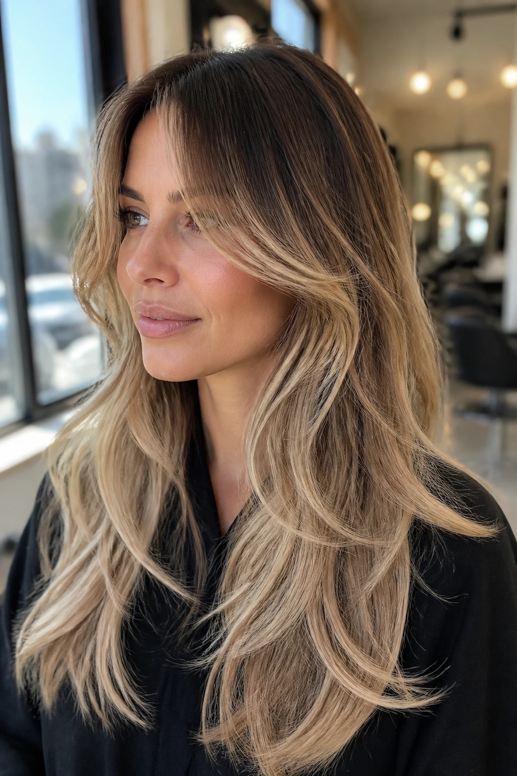 Close-up of real woman with rooted balayage long layers and curtain bangs in sunlit salon