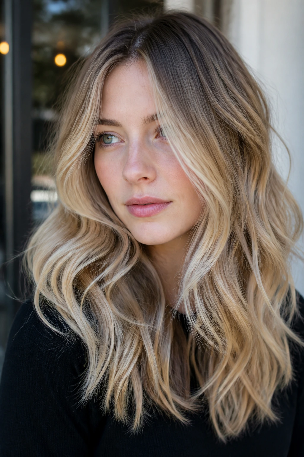 Pale-skinned woman with rooted sandy balayage and lighter lengths