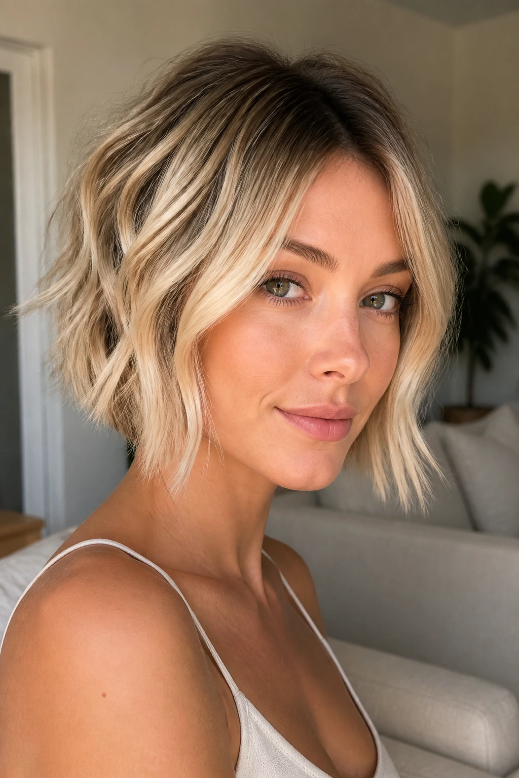 Rooted beige blonde bob with long front pieces framing the jaw