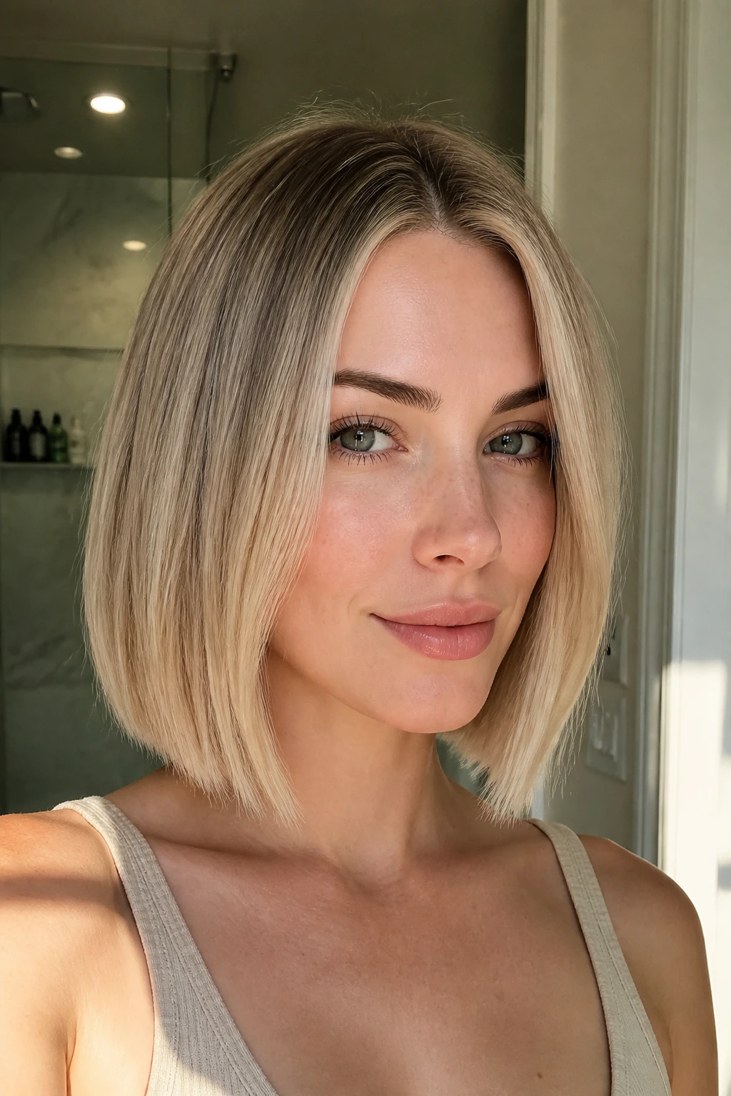 Close-up of rooted beige blonde bob with visible root shadow