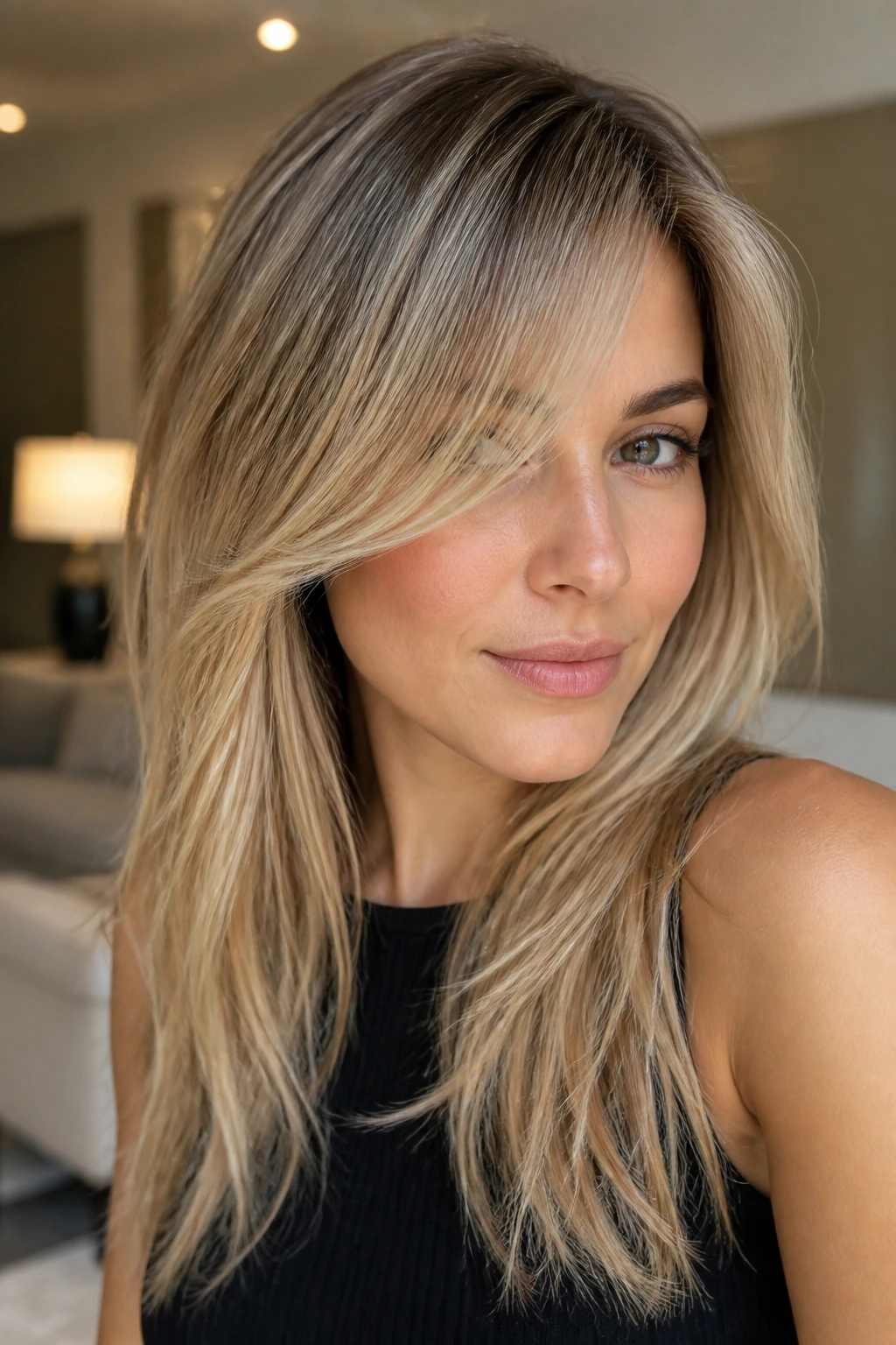 Portrait of a real woman with rooted beige blonde and cheekbone-skimming bangs.