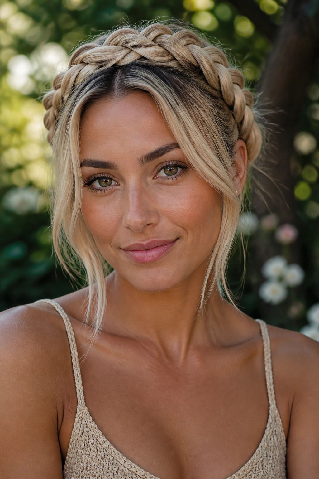 Real woman with rooted beige braided crown hairstyle in garden.