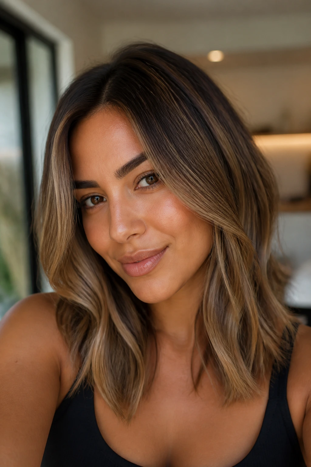 Close-up of a woman with rooted beige brunette and soft beige midlengths