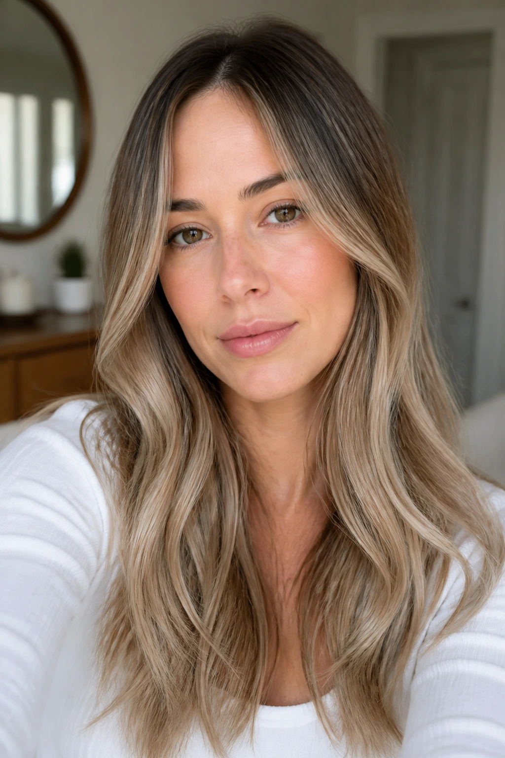 Real person with rooted beige caramel blonde, soft shadow at roots and beige caramel on length