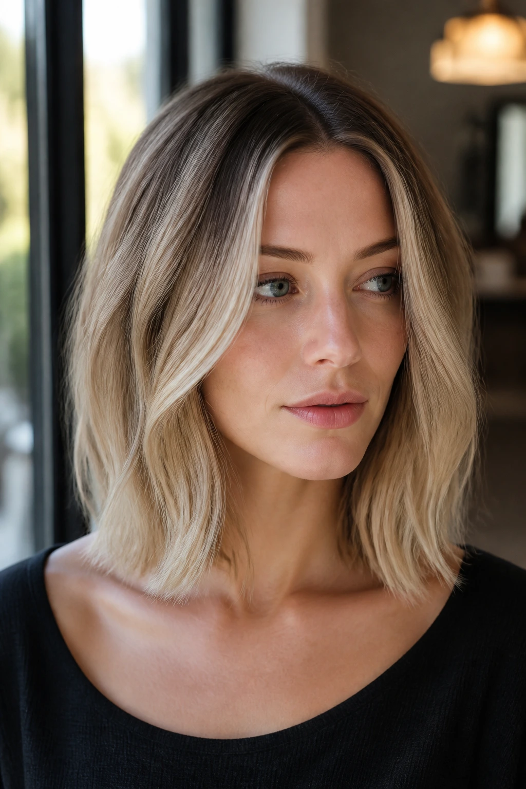 Close-up of a real person with a rooted beige lob hairstyle in natural window light