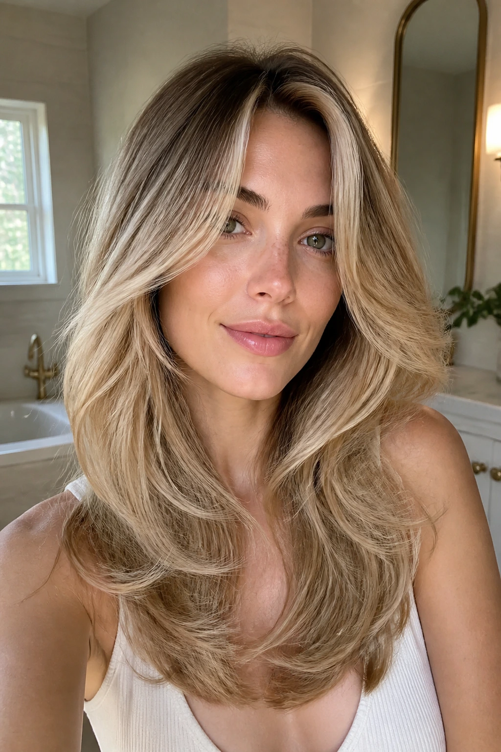 Real woman with rooted blonde layered hair and balayage in a bathroom setting