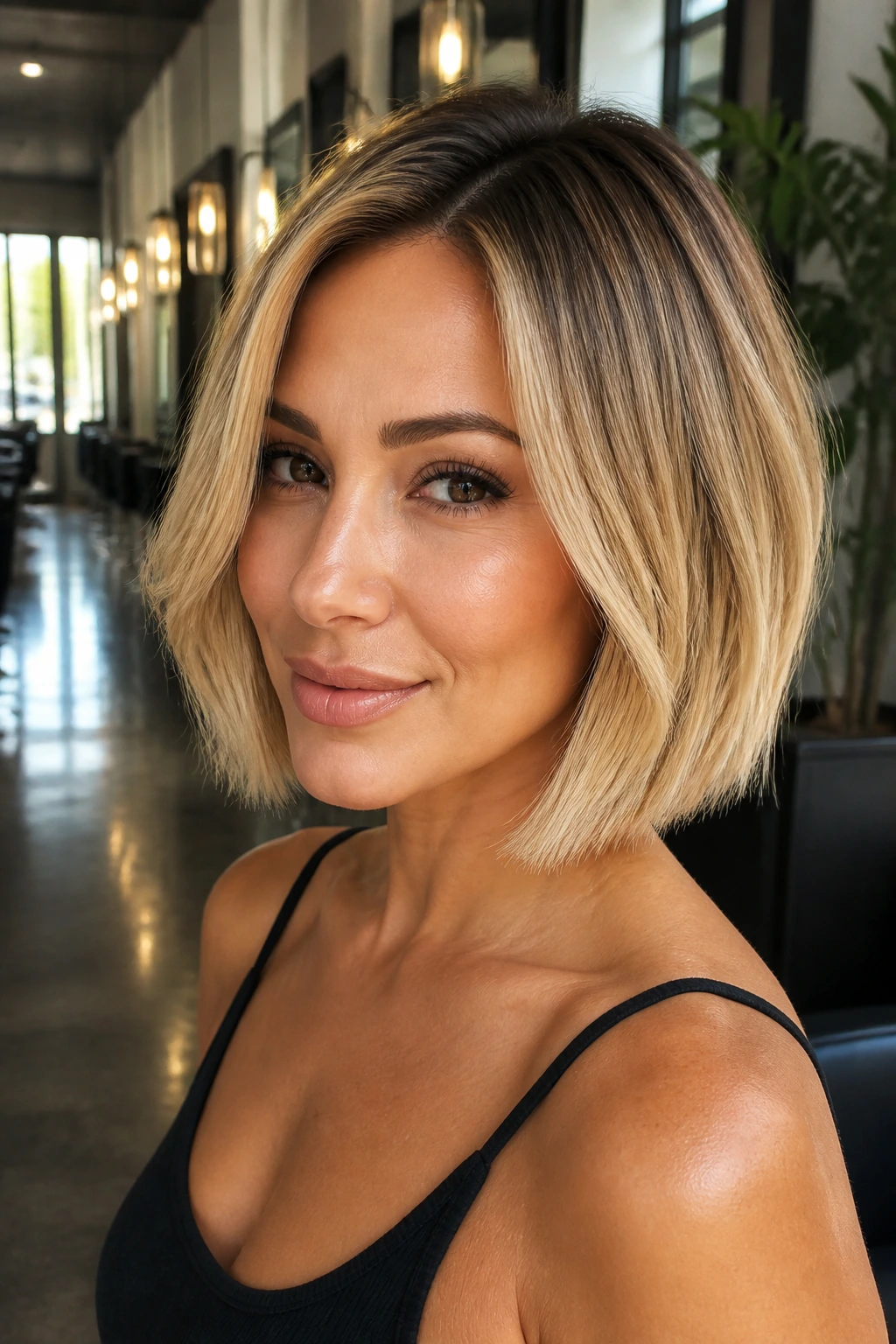 Real woman with rooted blonde bob and golden glaze in natural light