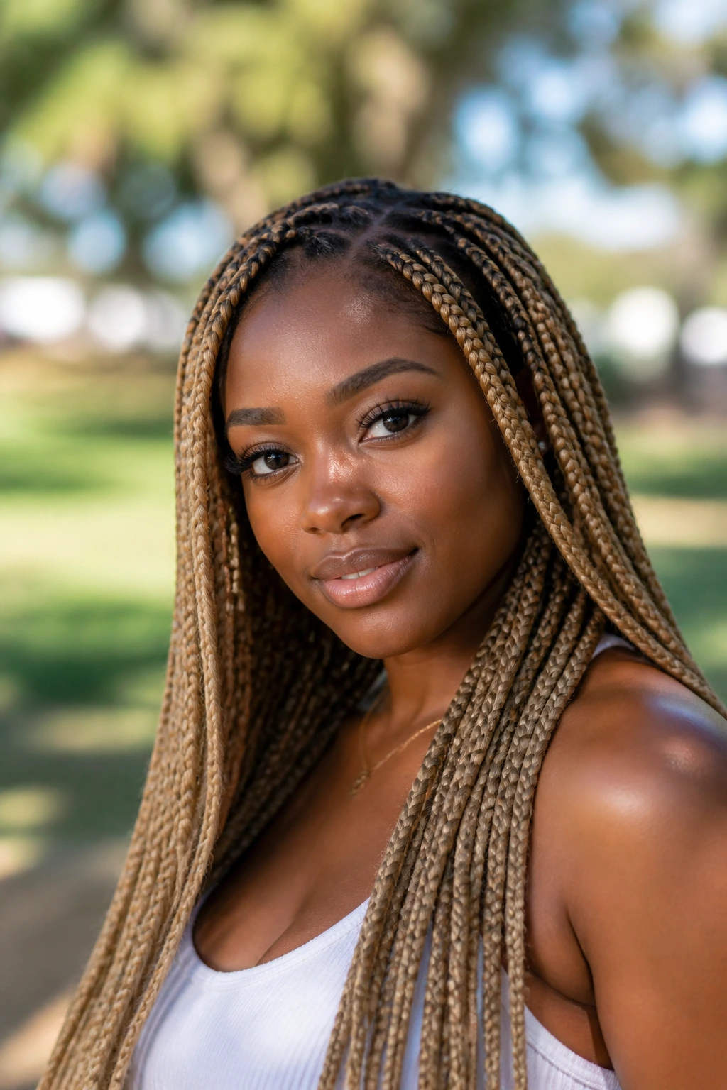 Close-up of a real woman with rooted blonde box braids in daylight
