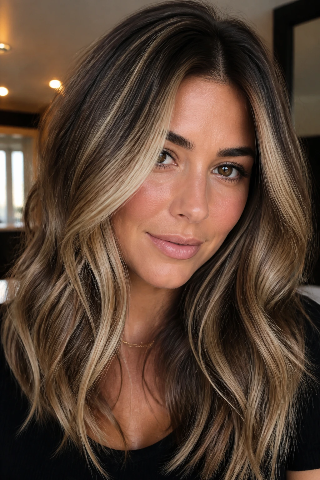 Close-up of rooted blonde on medium brunette base on a real person