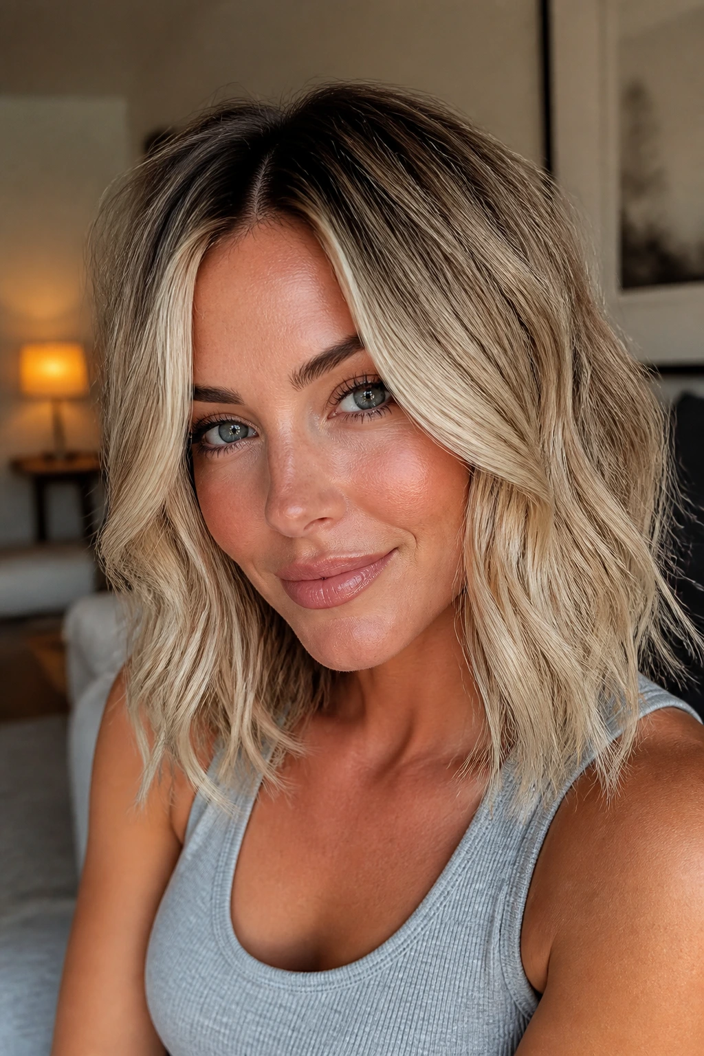 Close-up of a woman with rooted blonde lob and deep crown