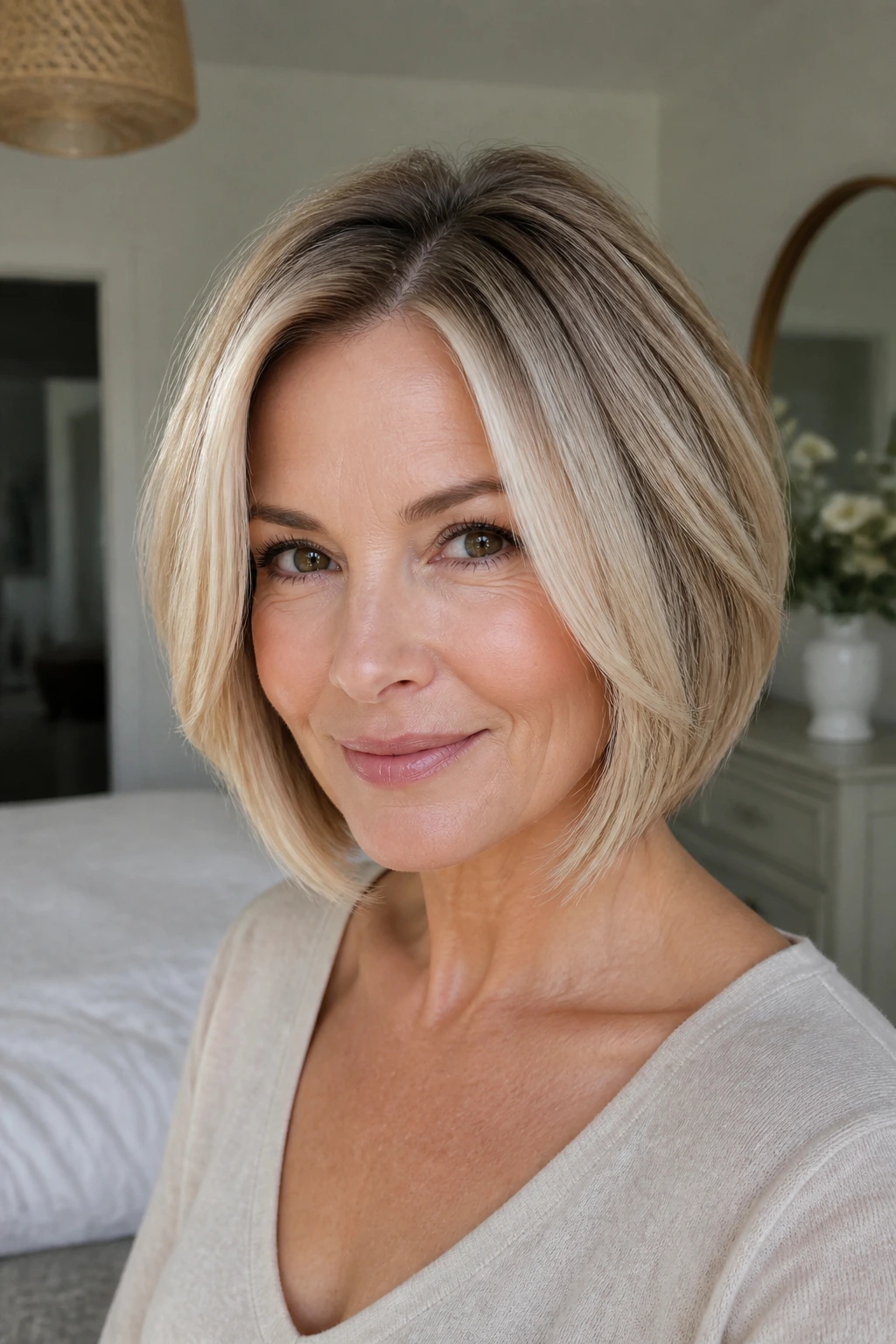 Real woman with rooted blonde bob and money piece in bright room