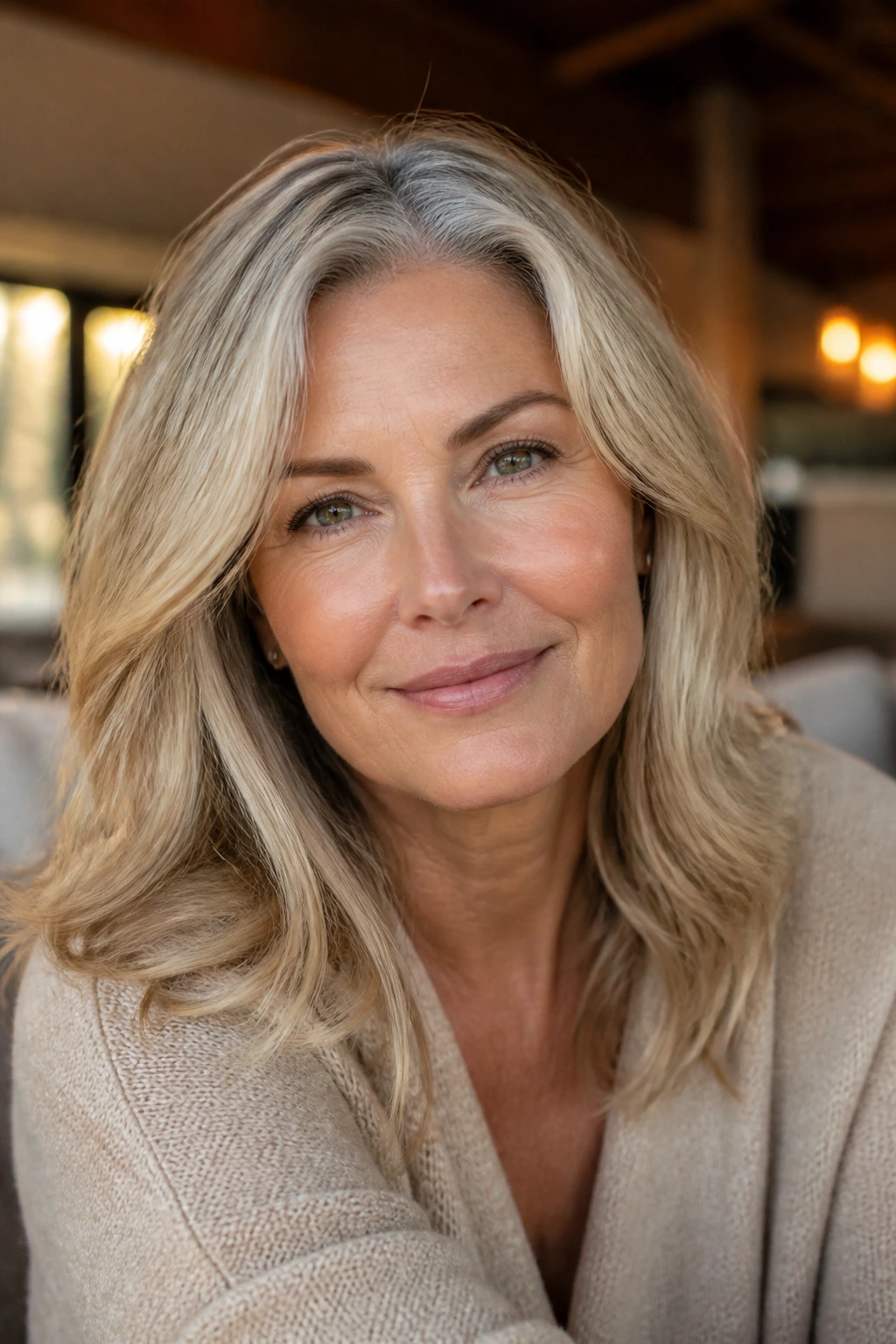 Close-up of a real woman's rooted blonde hair with natural depth