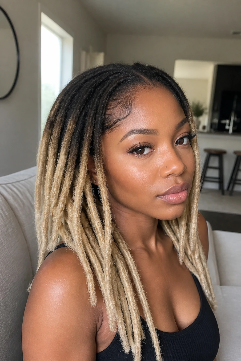 Close-up portrait of a real Black woman with rooted blonde ombré locs