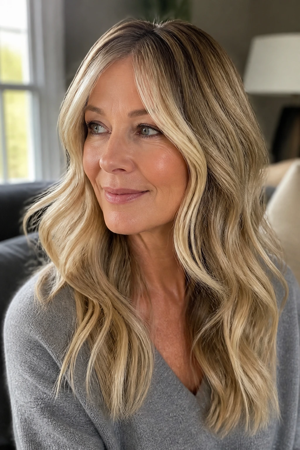 Close-up of a real woman with rooted blonde waves and bright front pieces