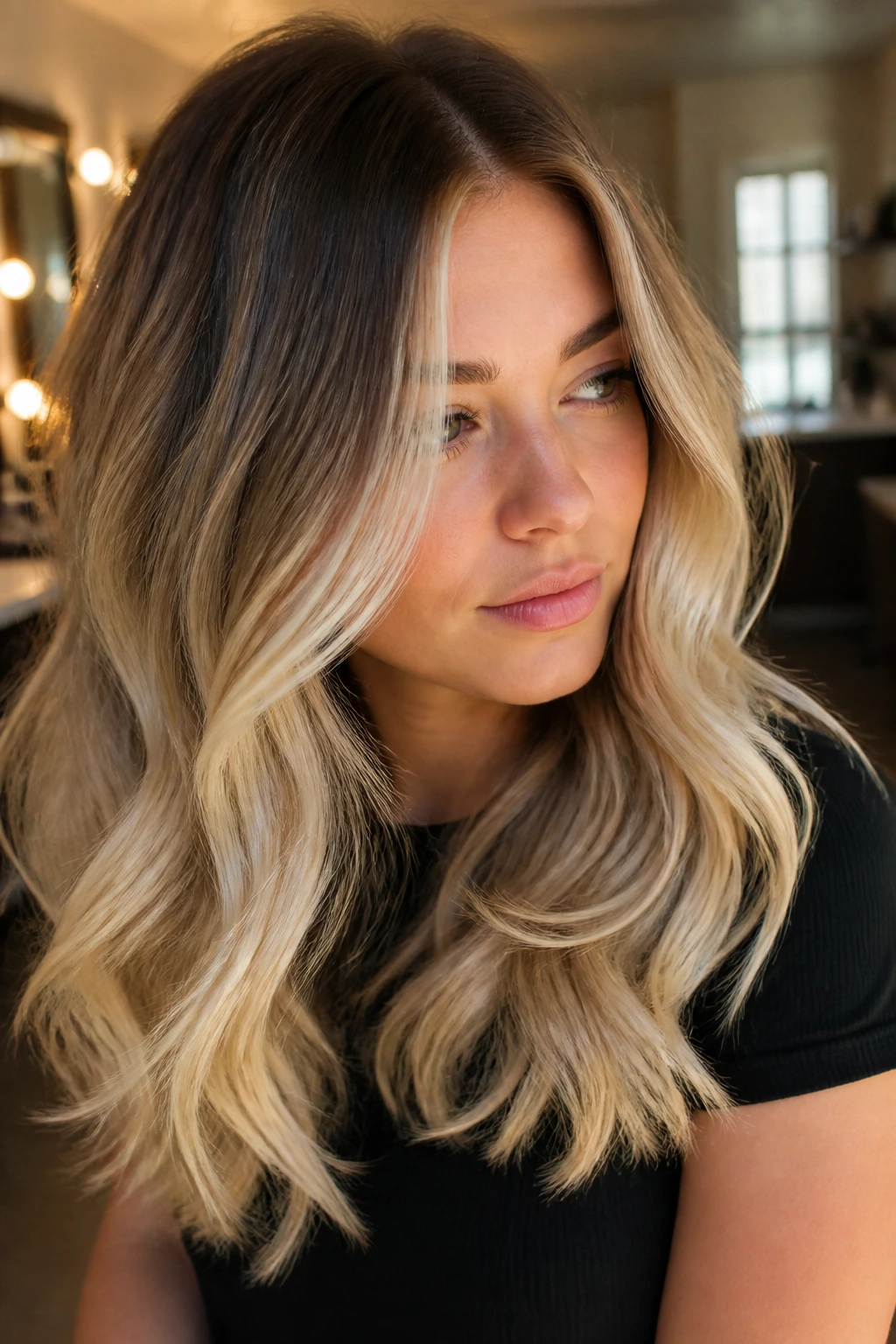 Hair with rooted darker crown and bright ends framing the face on a real person.