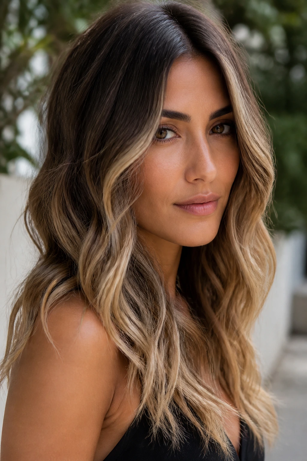 Close-up of a person with rooted bronde and beige ends on olive skin