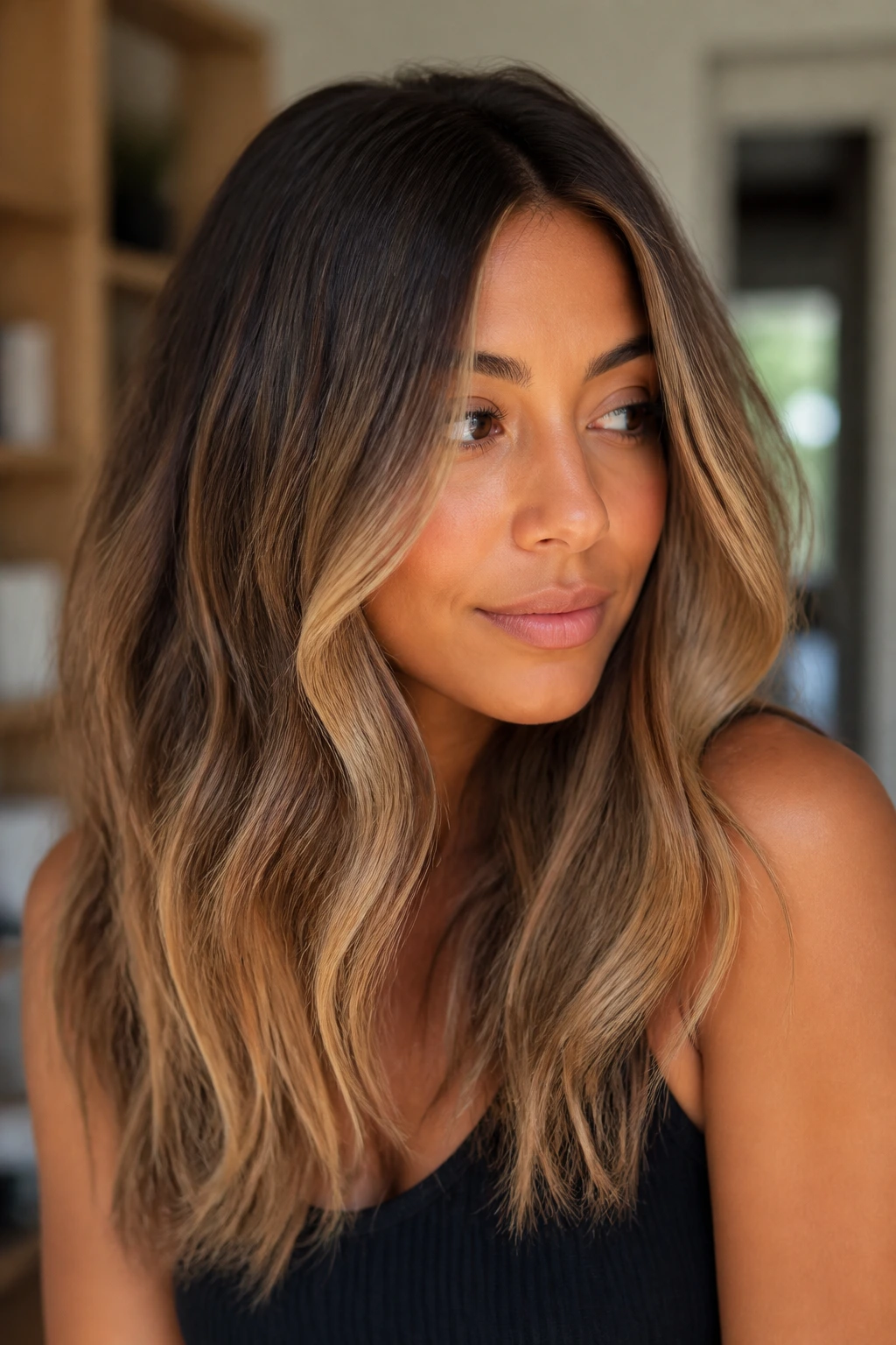 Rooted bronde hair with soft gloss finish on a real person