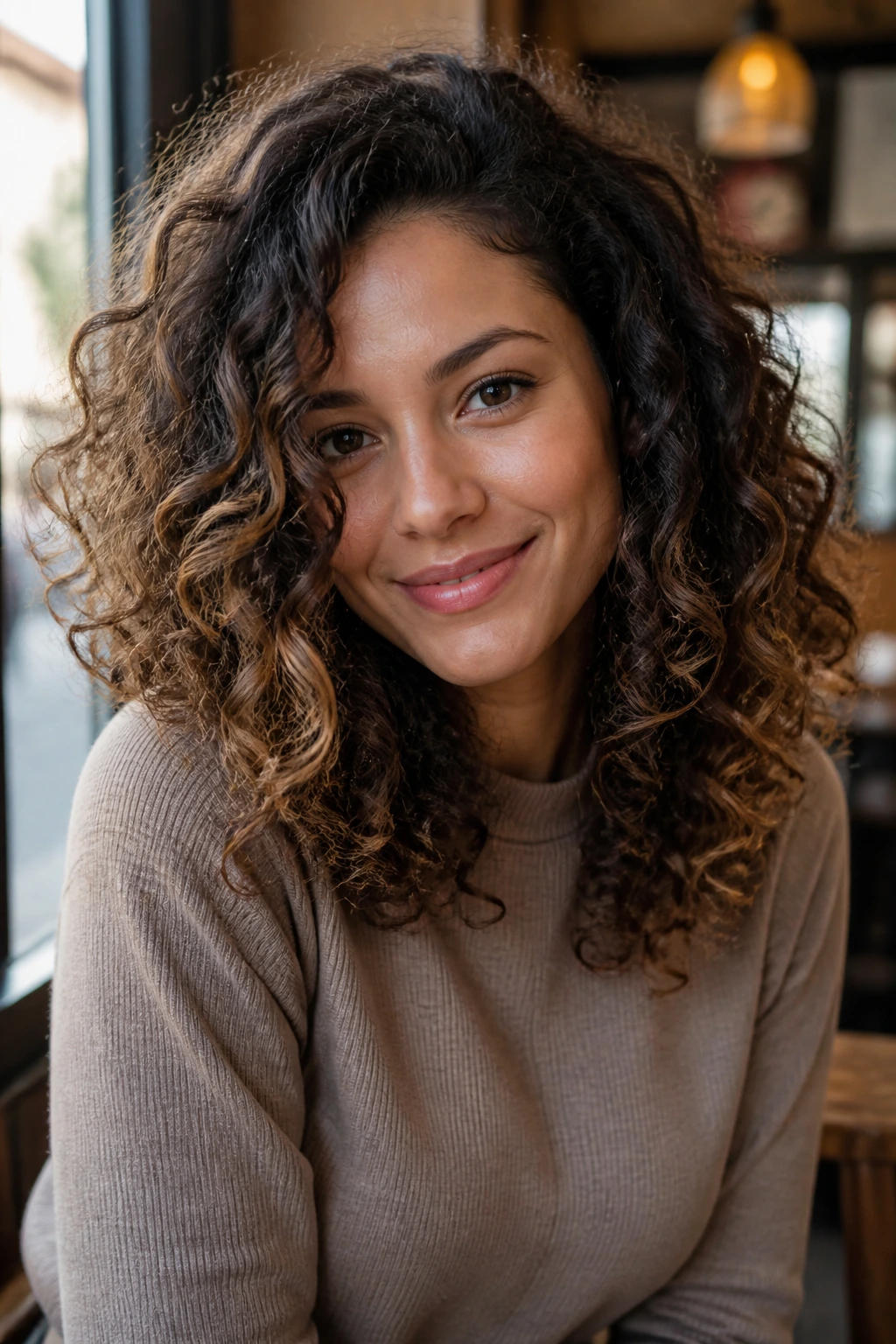 Close-up of rooted bronde glow on dark curls in a cafe window light