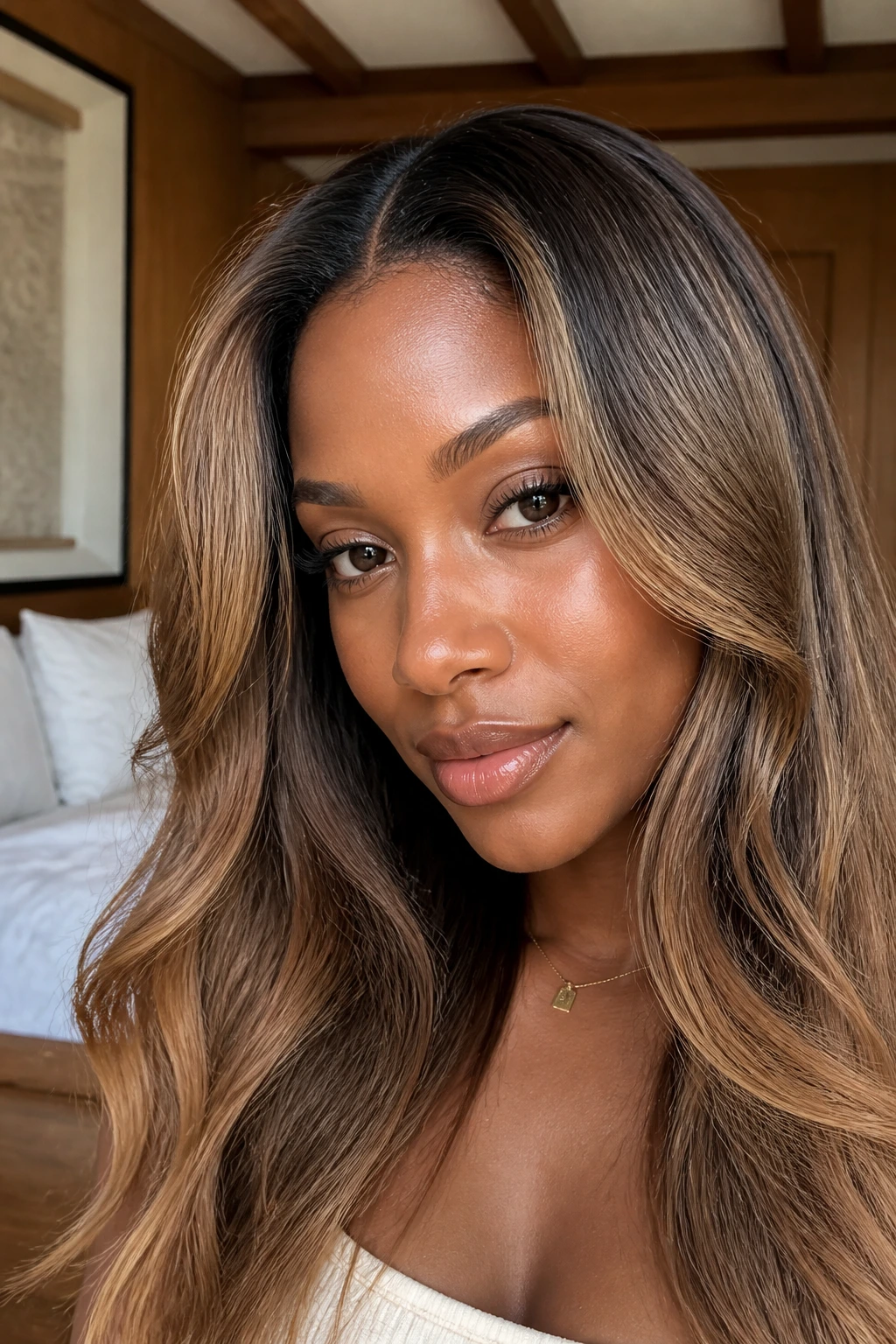 Close-up portrait of a real person with rooted bronde hair and soft grow-out
