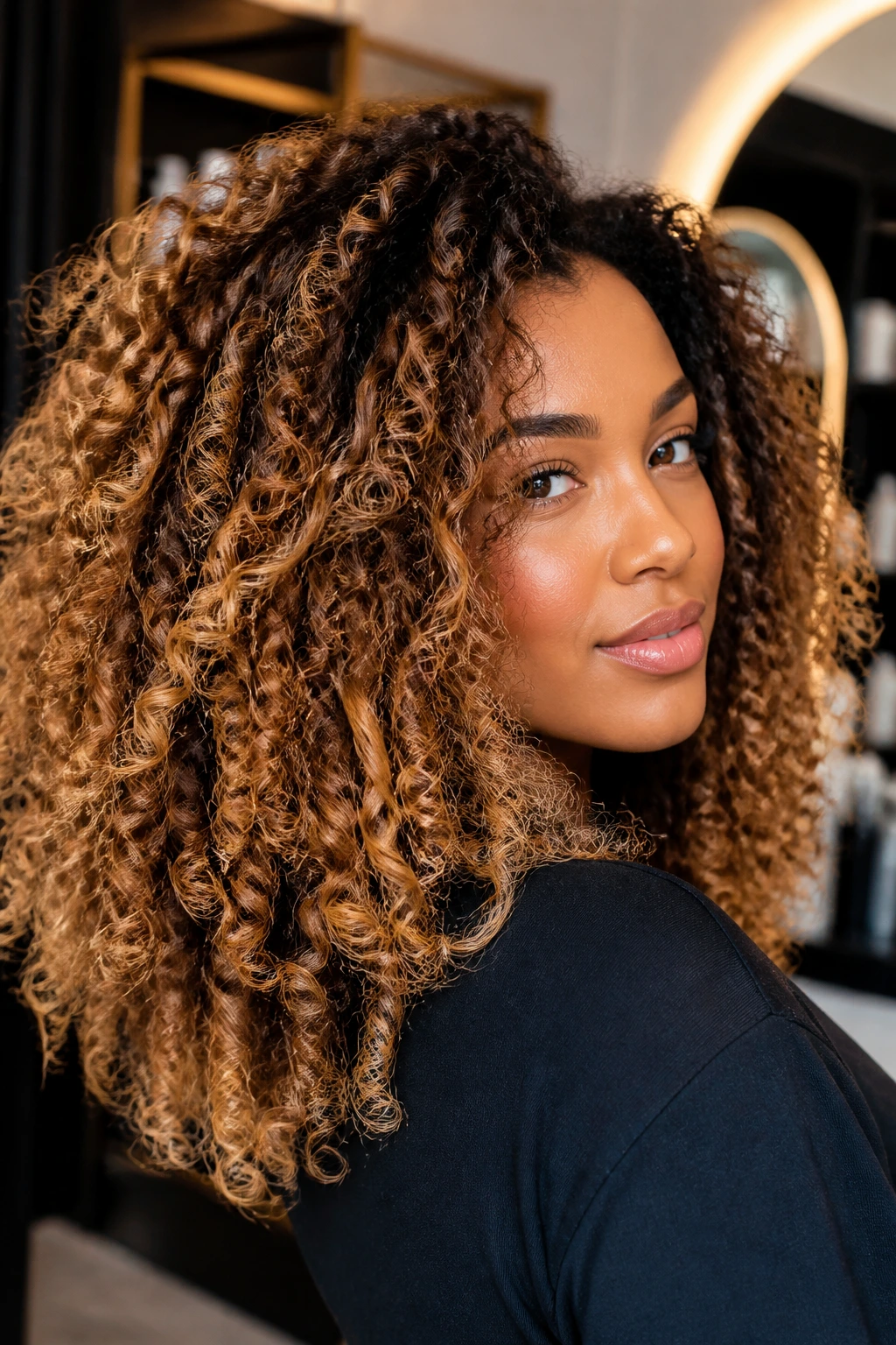 Close-up portrait of rooted bronde honey hair with ends bright