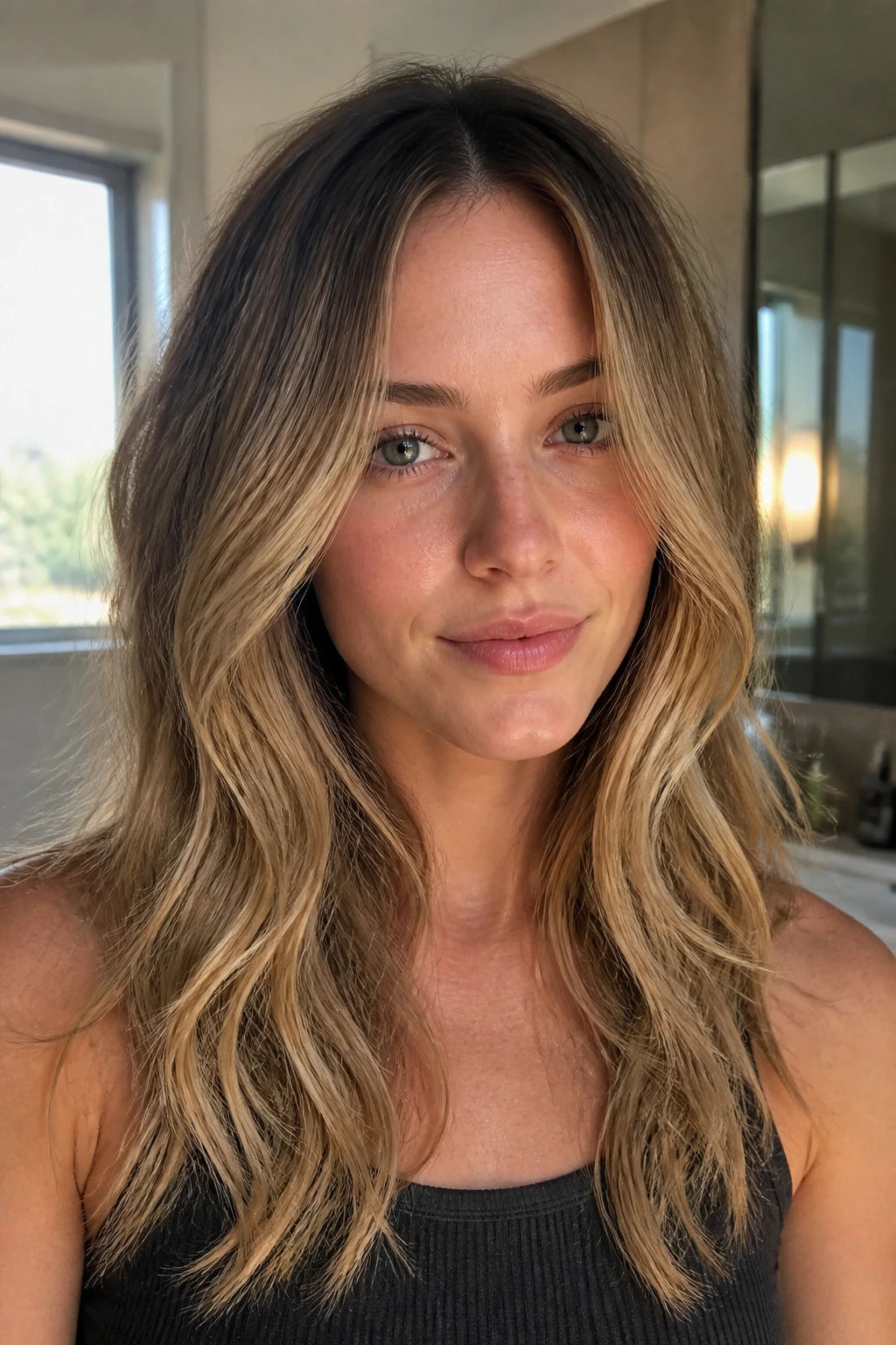 Portrait of a woman with rooted bronde melt and soft layers
