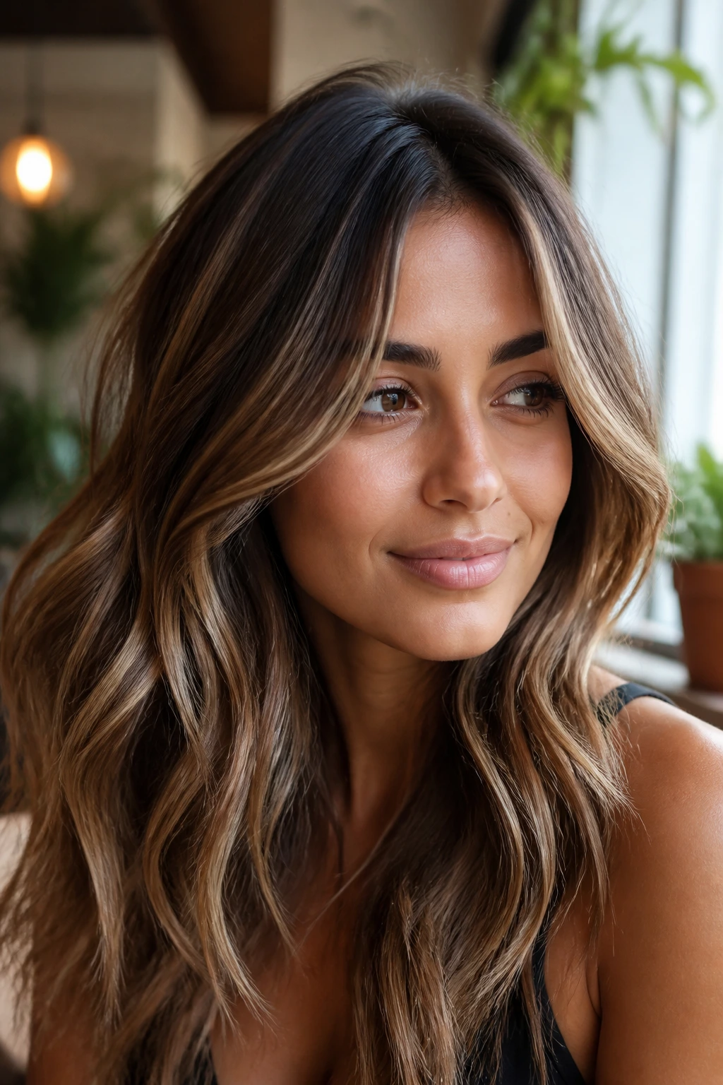 Close-up of olive-skinned person with rooted bronde ribbons in thick hair.