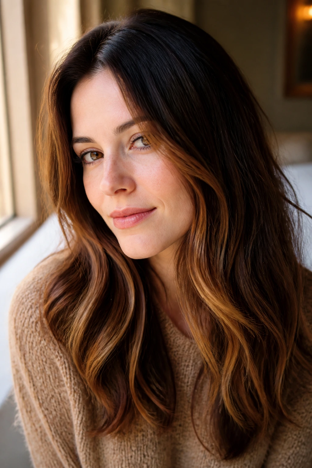 Rooted brunette with amber lowlights showing depth and warmth