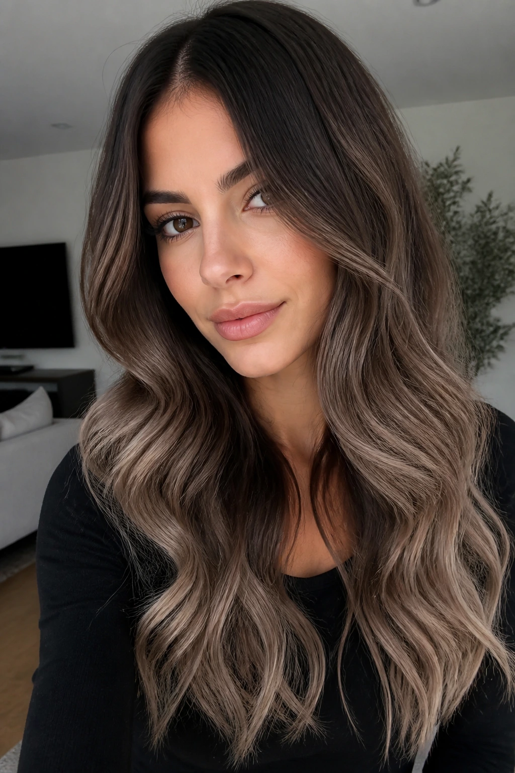 Close-up of a real woman with rooted brunette hair and ashy ends in long body waves.
