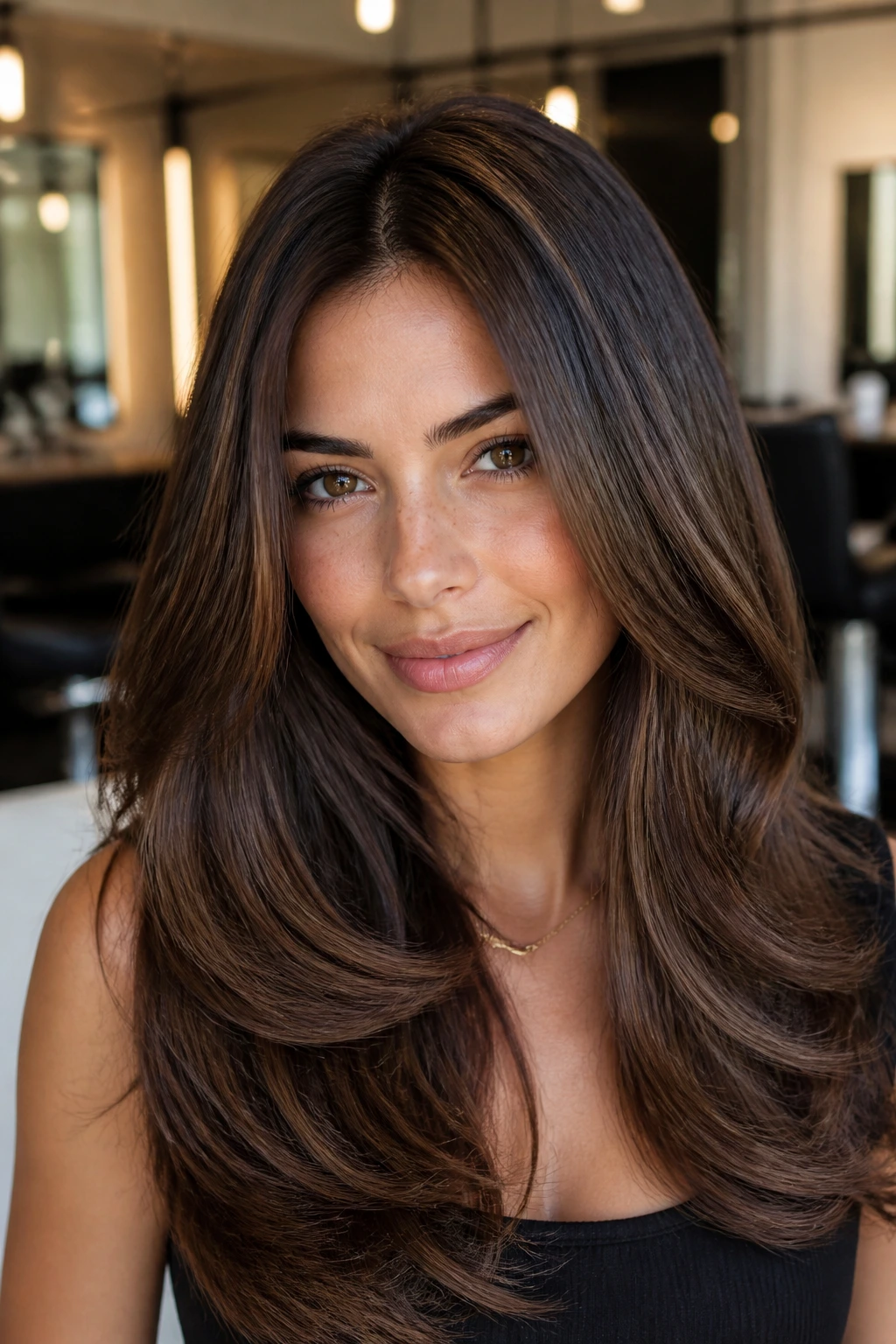 Close-up of a real woman with dark roots and glossy brunette blowout on olive skin