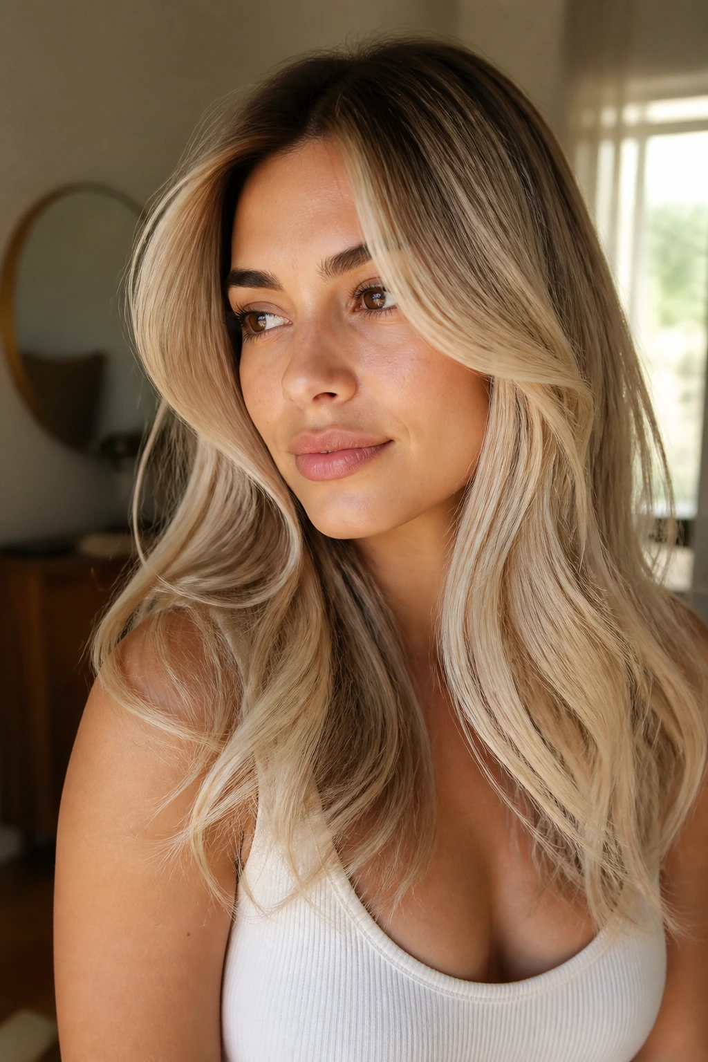 Olive-skinned woman with rooted butter melt hair